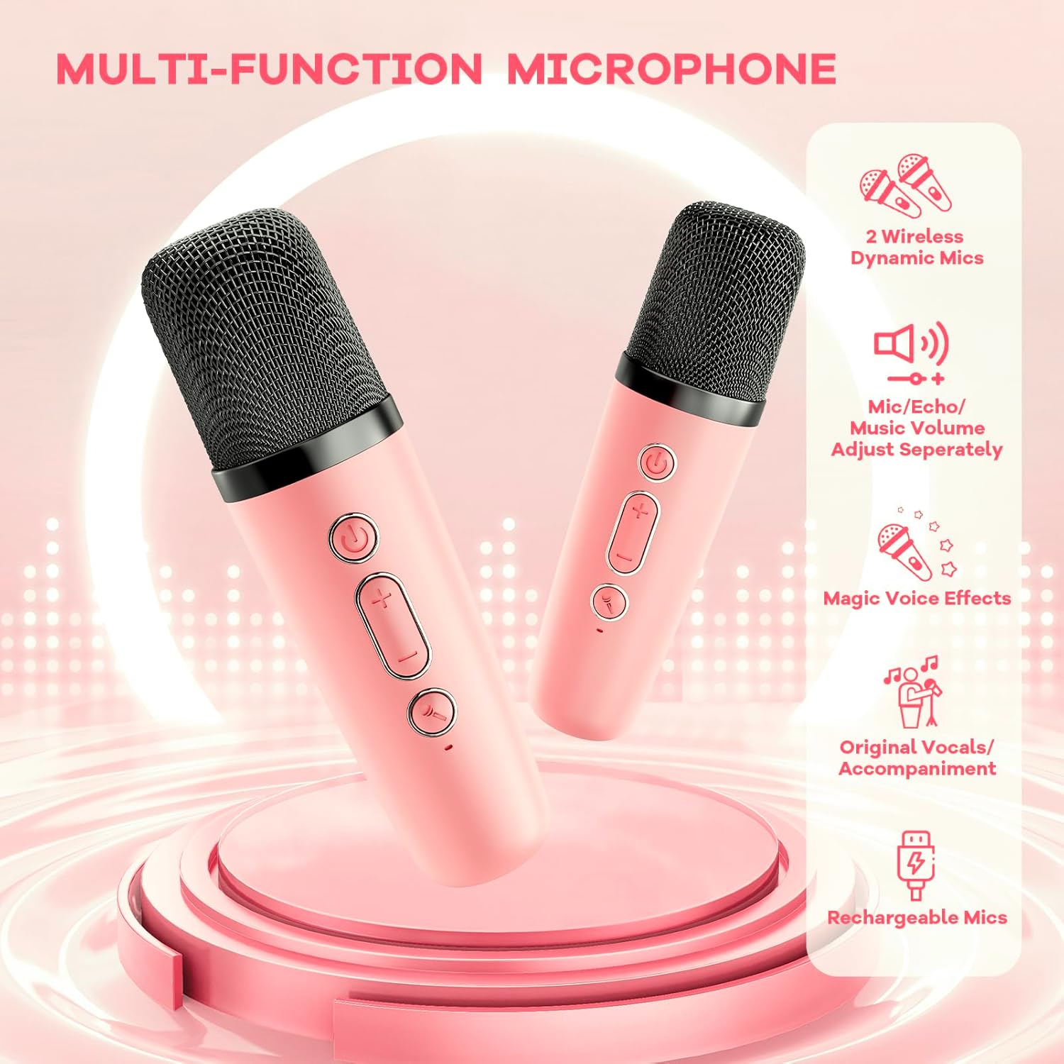YLL Mini Karaoke Machine for Kids Adults, Portable Bluetooth Speaker with 2 Wireless Microphones, Trendy Birthday Gifts Toys for Girls Ages 3, 4, 5, 6, 7, 8, 9, 10+ Years Old Home Family Party (P-ink) - Image 4