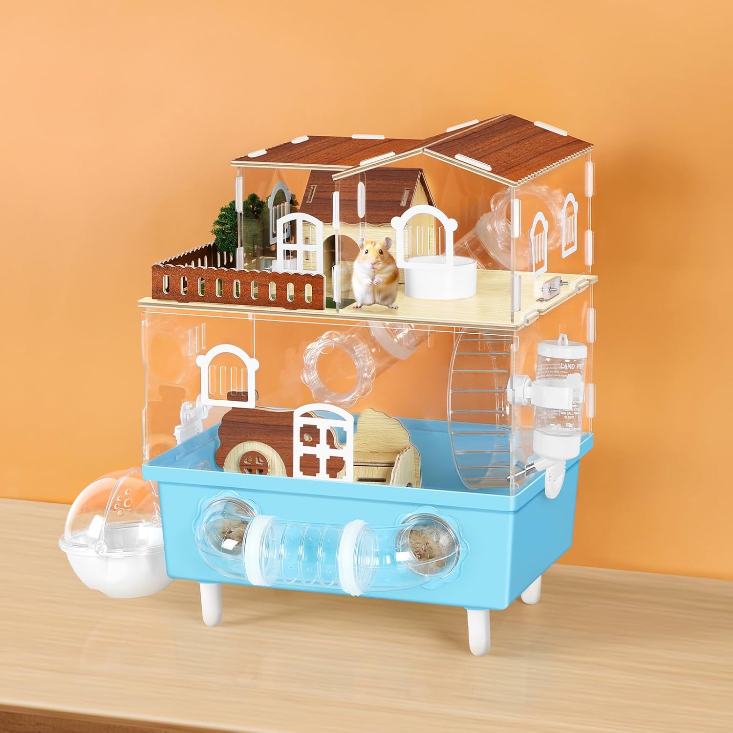 Large Hamster Cage 2 Tier Acrylic Hamster Habitat with Hideout & Running Wheel Blue Dwarf Hamster House for Dwarf Gerbils Syrian Hamsters, Blue, 13.3''L* 9.8''W* 17.4''H