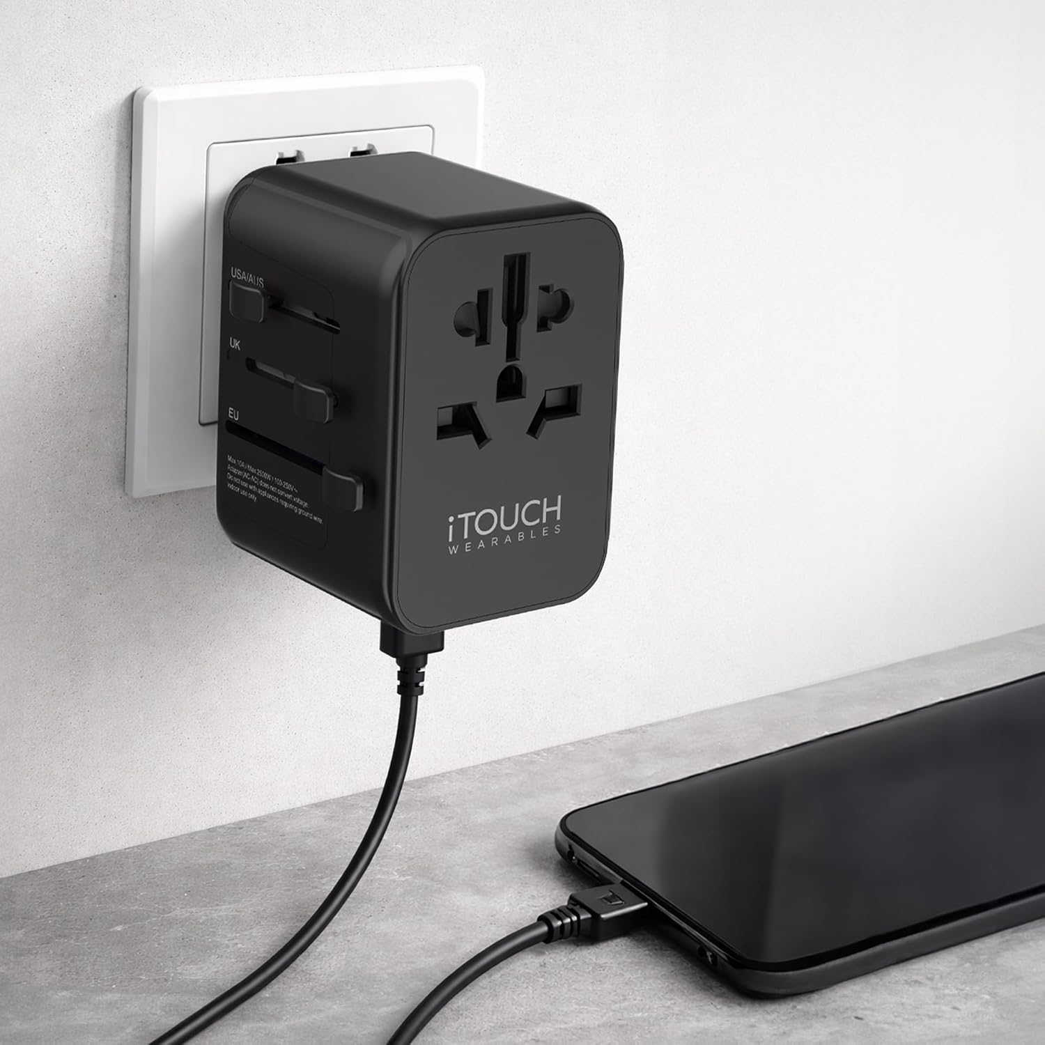 iTOUCH Universal Travel Adapter – Worldwide All-in-One Charger with USB-C & 3 USB-A Ports, Covers 150+ Countries (US/EU/UK/AU), Surge Protection, Safety Shutters, Compact Travel Charger - Image 4