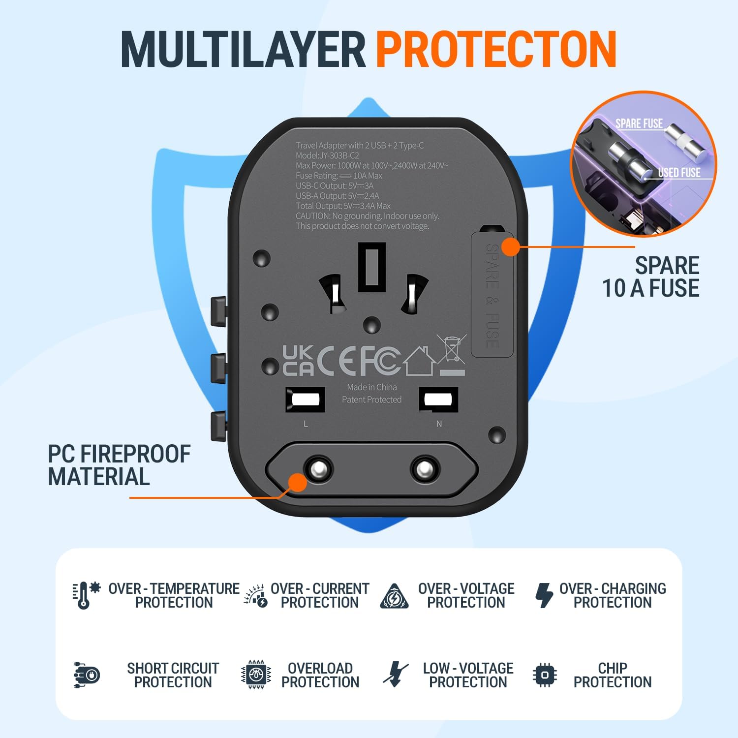 5 in 1 Universal Travel Adapter-10A | International Power Adapter with 2 USB C, 2 USB A Ports | 3.4A & 2400W Fast Portable Charger | Travel Adapter Worldwide Covering 200+ Countries- Black - Image 8