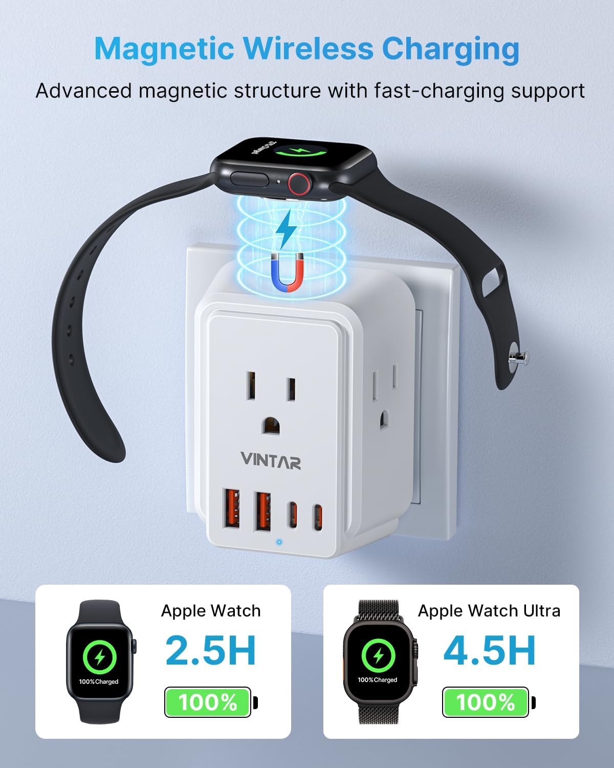 Universal Travel Adapter Kit, VINTAR International Power Adapter for Apple Watch Charger with 3 AC Outlets 4 USB Ports (2 USB C), Type A/C/D/G/I/M Detachable Plugs, US to Europe/UK/India/Africa - Image 3