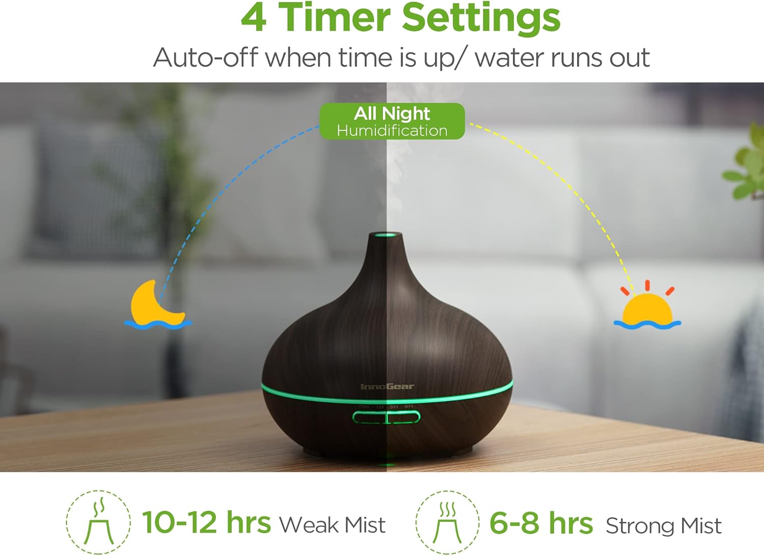 InnoGear Aromatherapy Diffuser & 10 Essential Oils Set, 400ml Diffuser Ultrasonic Diffuser Cool Mist Humidifier with 4 Timers 7 Colors Light Waterless Auto Off for Valentine's Gift, Dark Wood Grain - Image 5