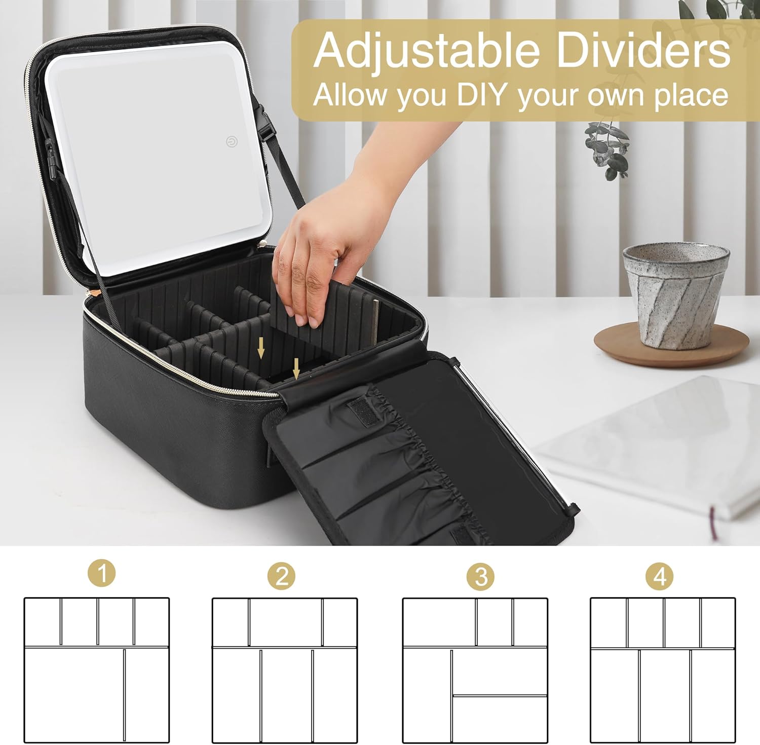 Relavel Travel Makeup Bag With LED Mirror, Cosmetic Train Case with Light up Mirror, Portable Makeup Artist Organizer Bag with Adjustable Dividers, Makeup Brush Holder Storage, Black - Image 7