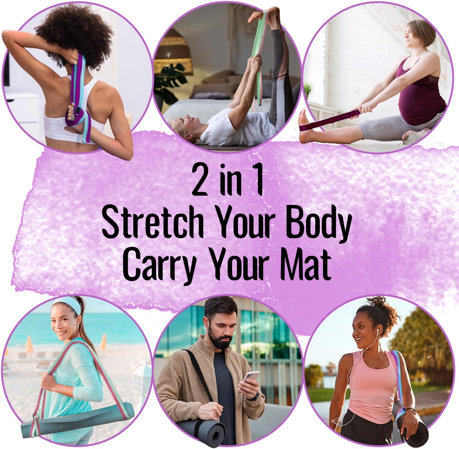 TECEUM Yoga Strap & Mat Strap – 2 IN 1 – Cotton – 6 ft 8 ft 10 ft (30+ colors) – Adjustable Non-Slip Belt for Yoga, Pilates, Stretching, Physical Therapy, Fitness & Home Workout – For Carrying Mats - Image 2