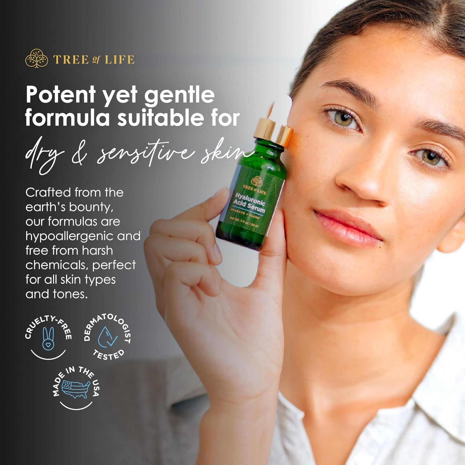 Tree of Life Beauty Hyaluronic Acid Serum, Skin Brightening Face Oil for Dark and Age Spots, Facial Serums for Dry and Sensitive Skin Care with Vitamin E for Soft Smooth Skin, 2 Fl Oz - Image 4