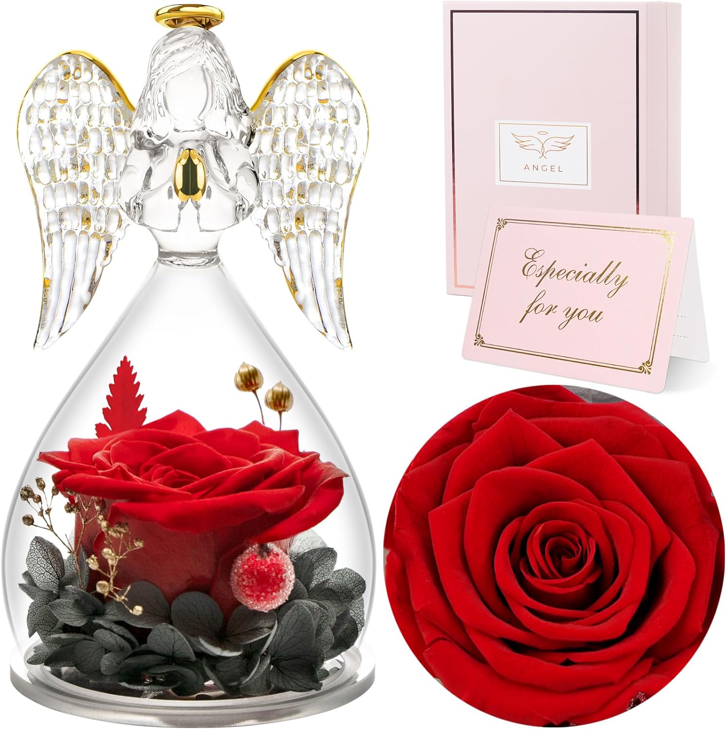 Sunia Gifts for Mom Birthday Gifts for Women, Mothers Day Preserved Real Roses in Glass Angel Figurine Forever Flowers for Delivery Prime, Flores Eternas Presents for Grandma Wife Daughter Sister
