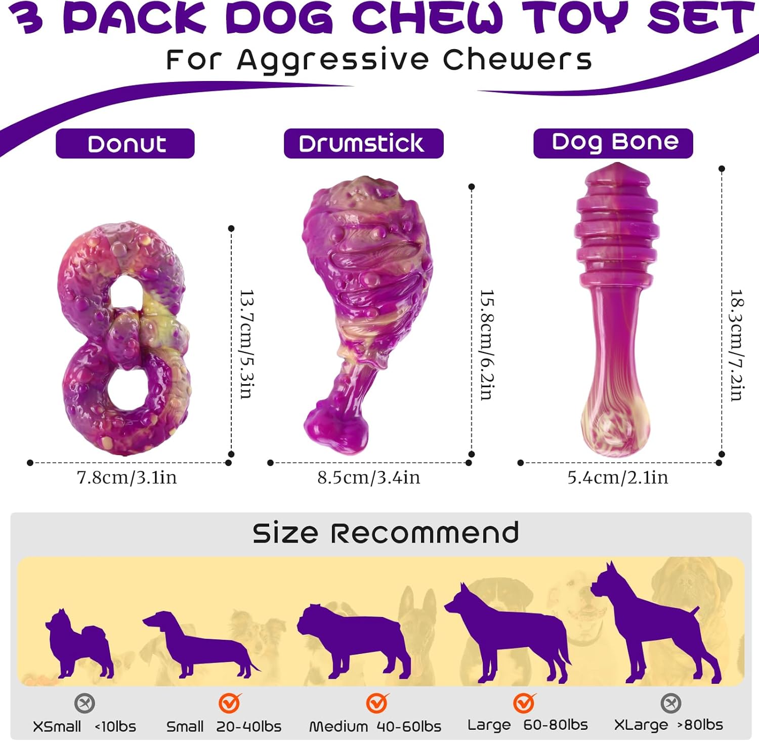 WinTour Dog Chew Toys for Aggressive Chewers 3 Pack, Indestructible Dog Toy to Keep Them Busy, Tough Dog Toys for Aggressive Chewers for Small, Medium and Large Breeds, Beef Flavor, Purple - Image 2