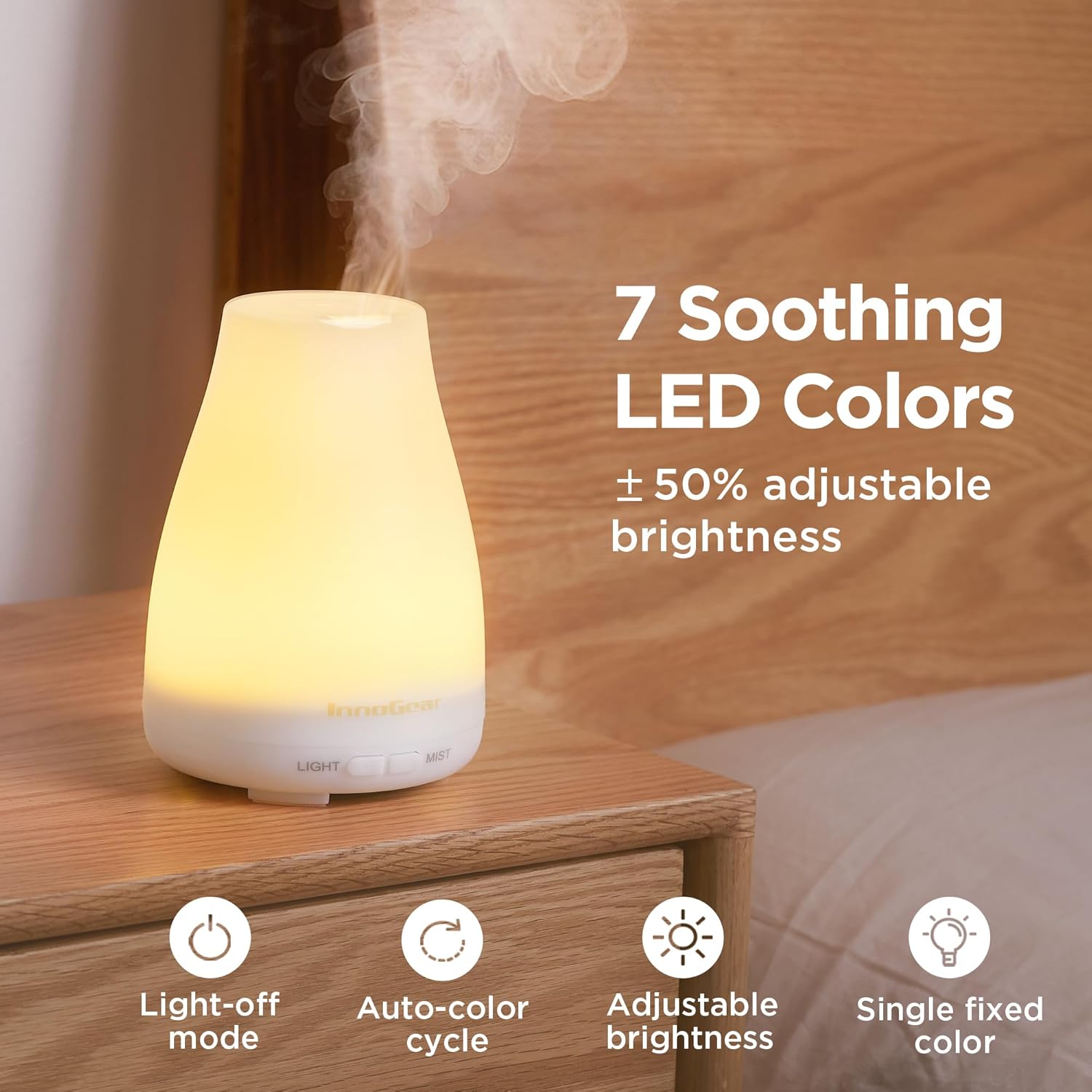 InnoGear Essential Oil Diffuser, Ultrasonic Diffusers for Home Aromatherapy Humidifier for Bedroom Room 7 Colors LED 2 Mist Mode Auto Off, Basic White - Image 6