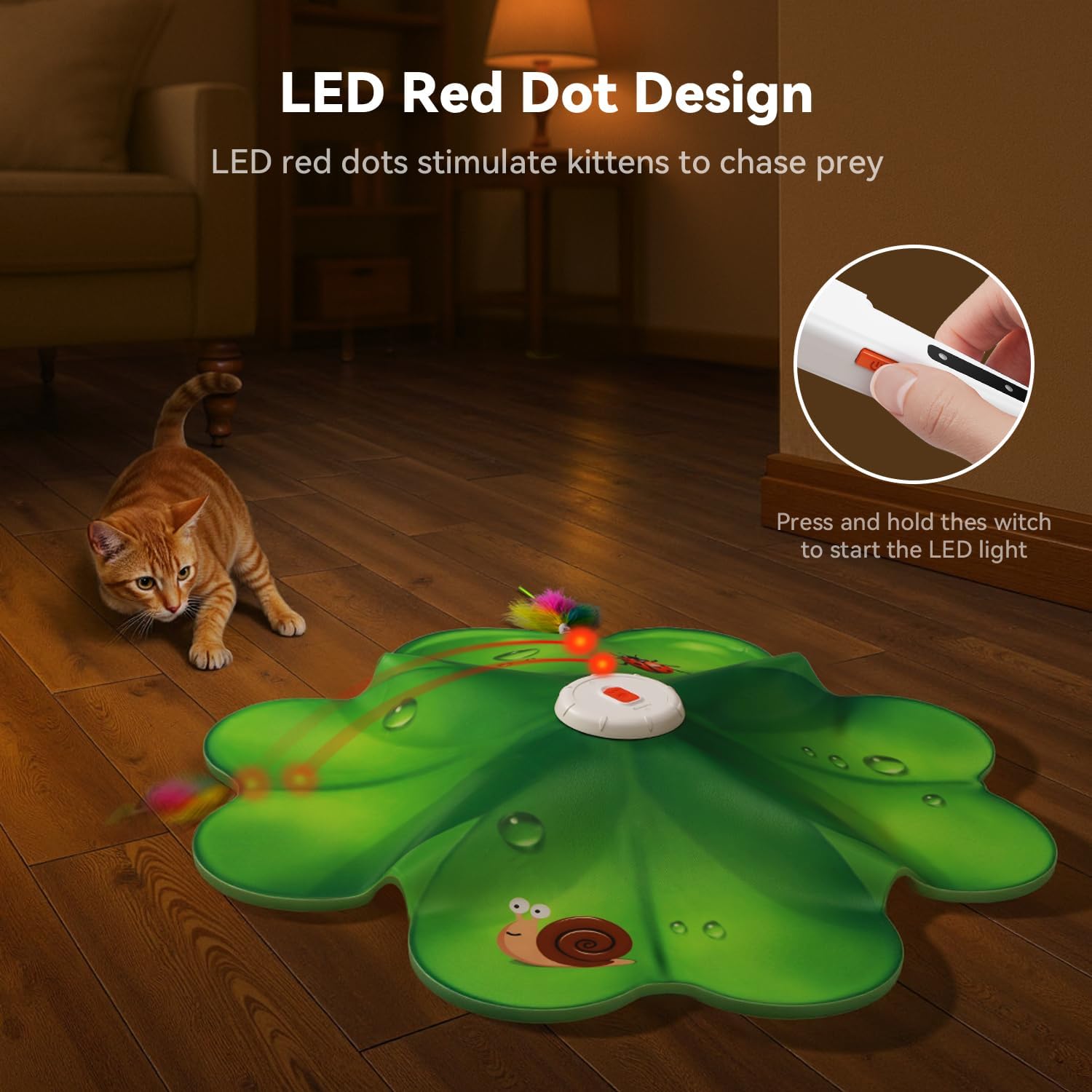 FEELNEEDY Rechargeable Cat Toys, 2 in 1 Hide and Seek Game Interactive Cat Toy, Movable LED Red Dot, Moving Concealed Feathers, Durable Exercise Toys for Indoor Cats, Bored Adult Cats Wand Toy - Image 5