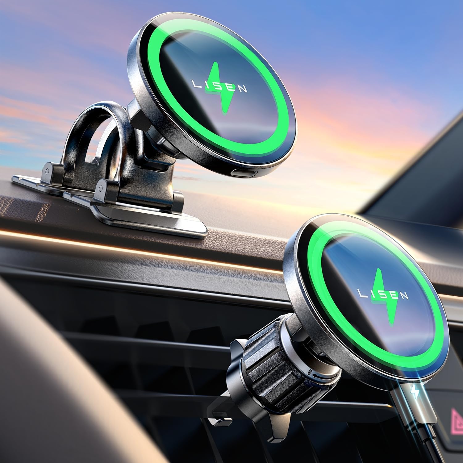 LISEN for 15W MagSafe Car Mount Charger,MagSafe Charger,Wireless Car Charger,Magnetic Phone Holder for Car,Phone Holders for Your Car Accessories for Women Men Jeep Ford F150 for iPhone 17-12,Samsung