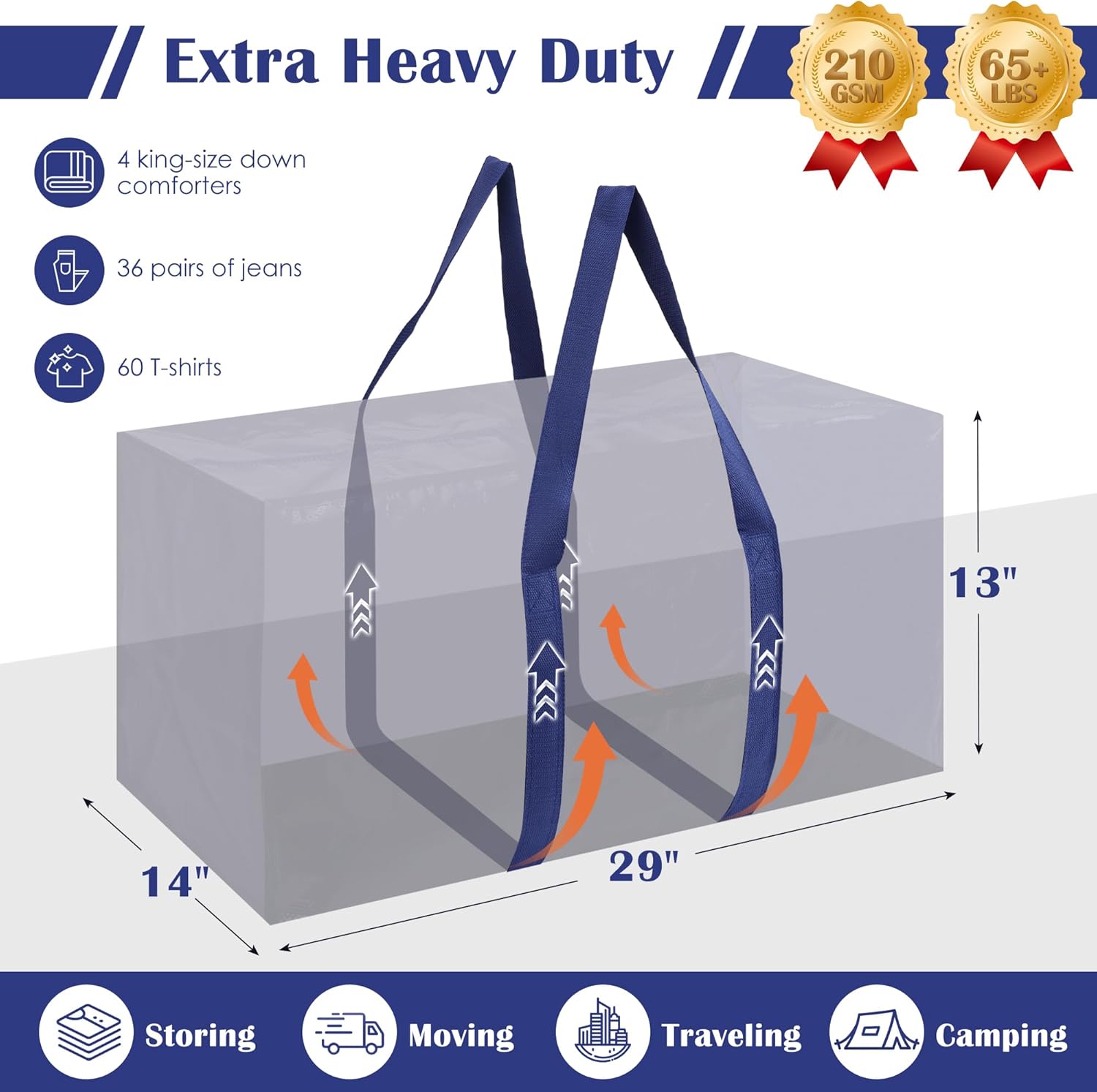 6 Pack Moving Bags with Full-Open Side Zipper, Extra Large 93L Heavy Duty Waterproof Foldable Storage Totes for College Dorm, Moving & Home Organization, Blue - Image 2