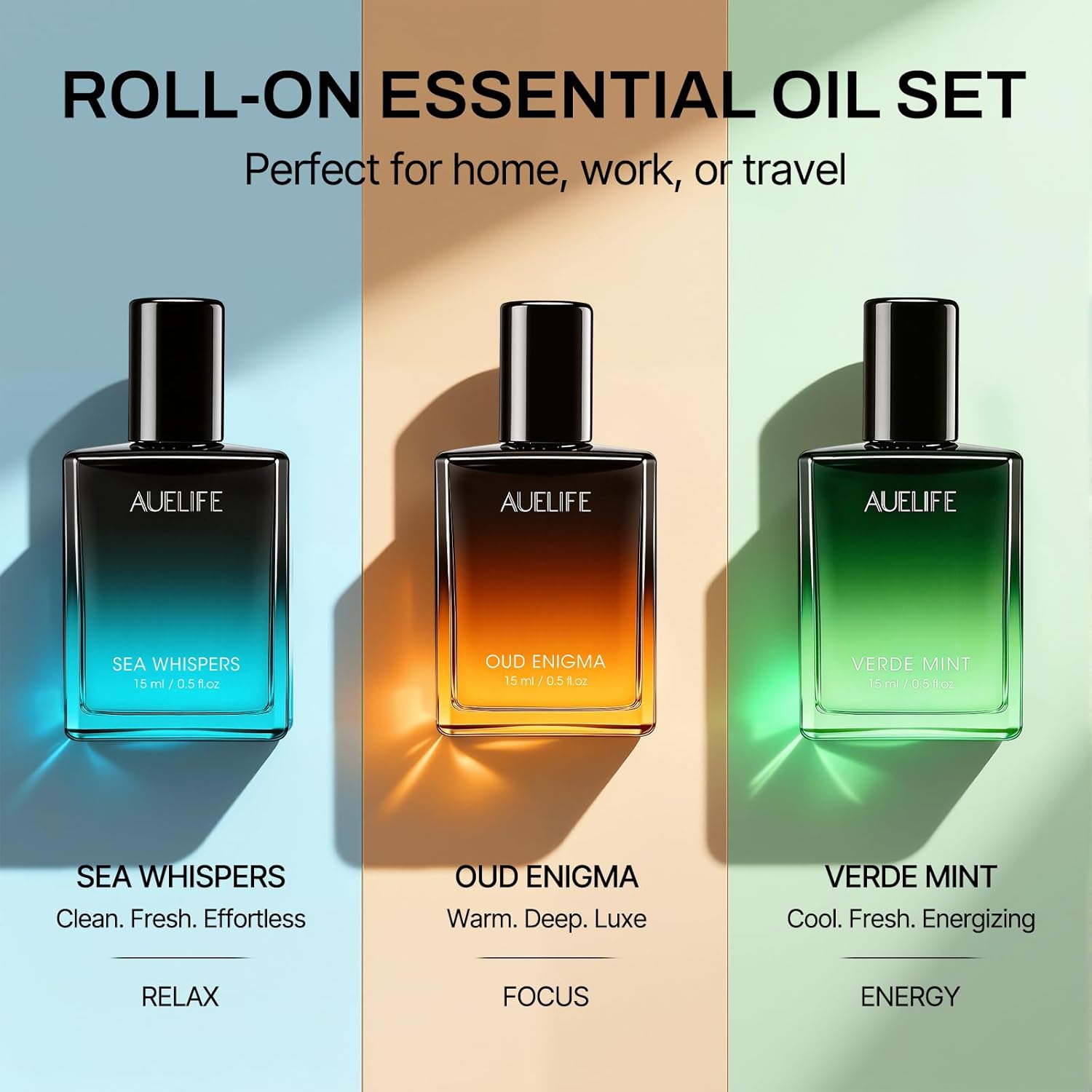 3 x 15ml Roll-On Essential Oil Set, Mens Fragrance Rollerball Oils Gift Set for Him, Men's Aroma Gift Set for Work, Travel & Daily Use, Scent of Peppermint, Sandalwood & Oud for Focus, Energy & Relax - Image 2