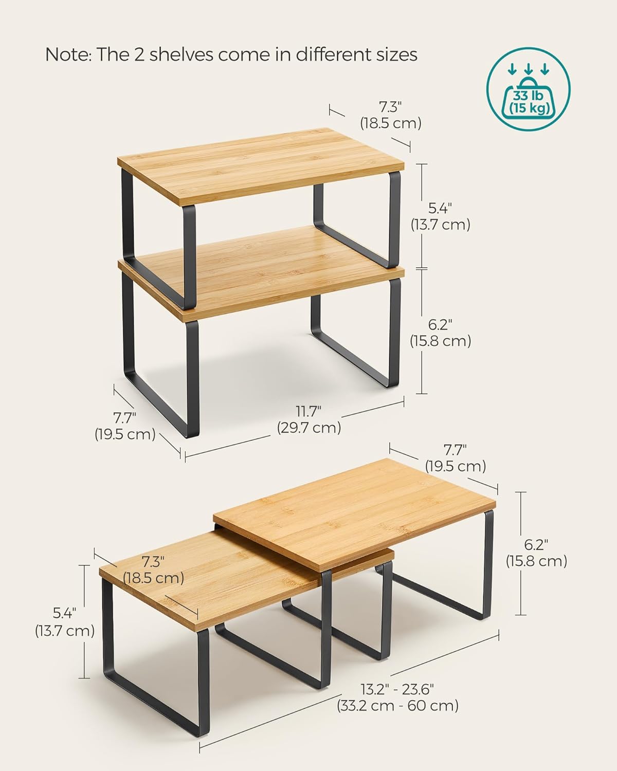 SONGMICS Cabinet Organizer Shelf, Set of 2 Kitchen Counter Shelves, Kitchen Storage, Spice Rack, Stackable, Expandable, Metal and Engineered Wood, Ink Black and Natural Beige UKCS02NB - Image 2