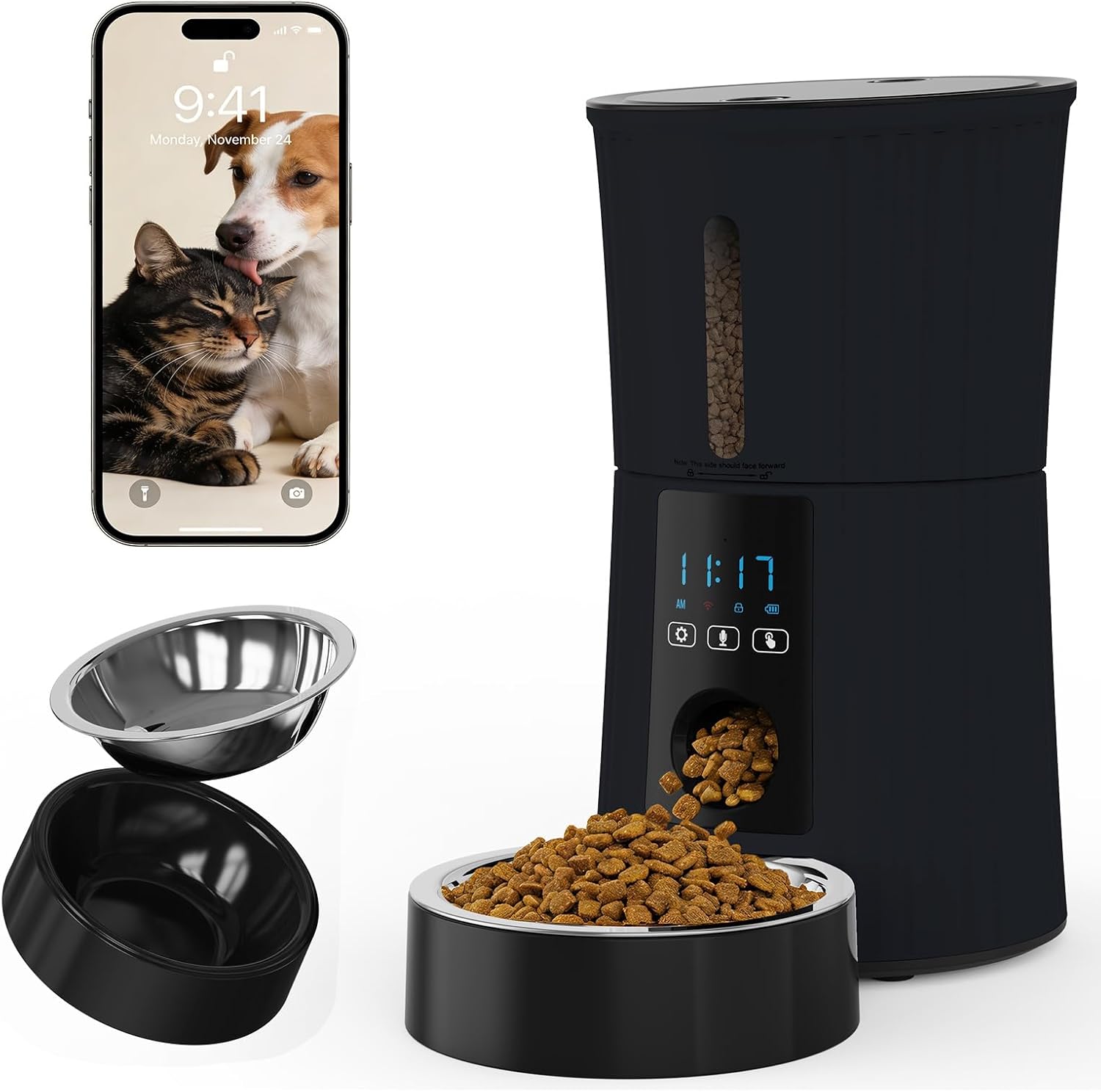 NEWBULIG Automatic Cat Feeder, 4L Timed Pet Feeders with 10s Voice Recorder, Dog Food Dispenser with APP Control, Dry Food, 10 Meals, Programmable 50 Portions, Dual Power Supply, Desiccant Bag
