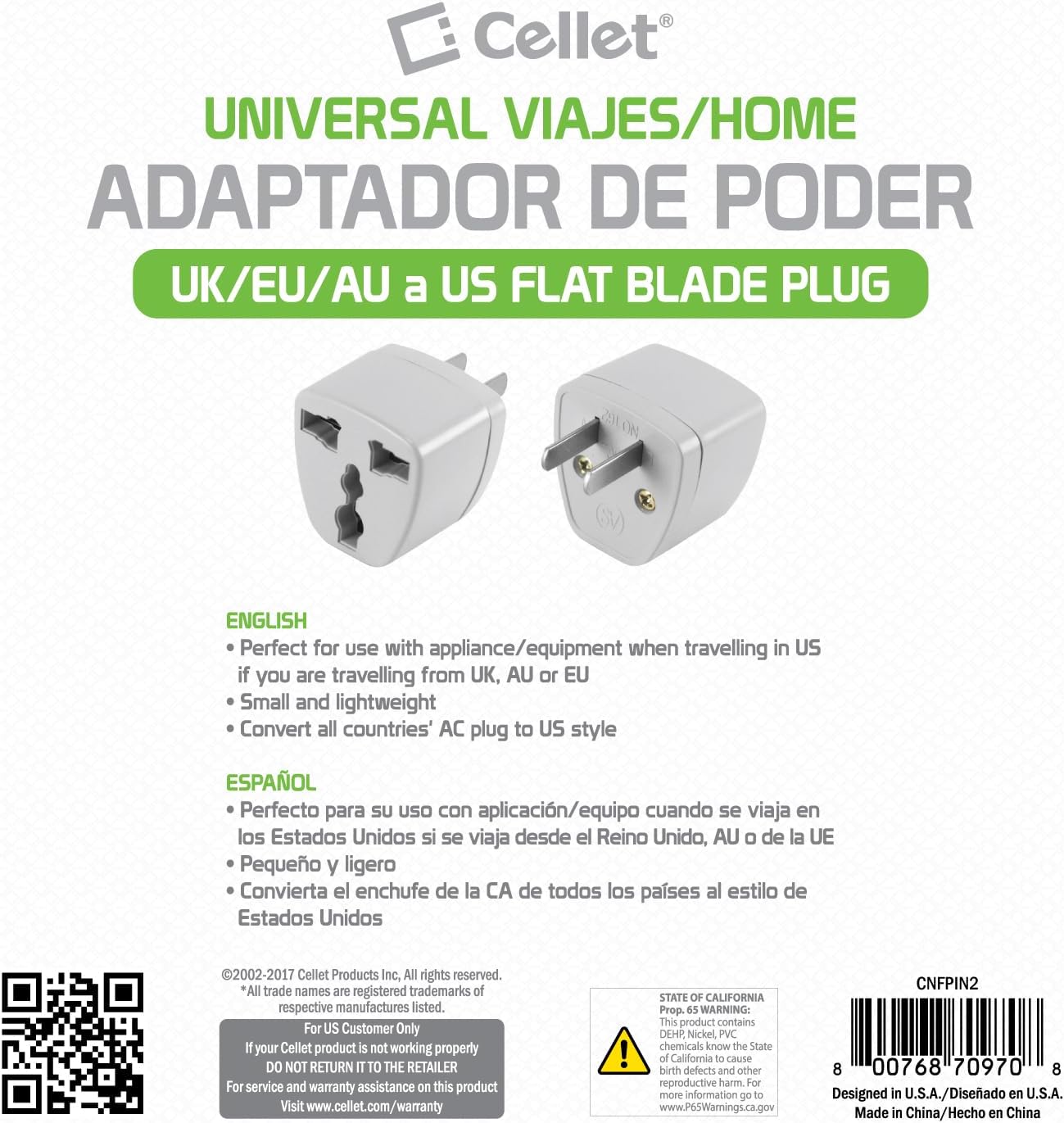 Cellet Universal Travel Adapter: Seamless Plug Conversion for International Travelers AC Wall Power Adapter to Convert China, UK, AU, EU & Other Plugs to US, Mexico, Canada Plug (2PACK) (Type-A) - Image 4
