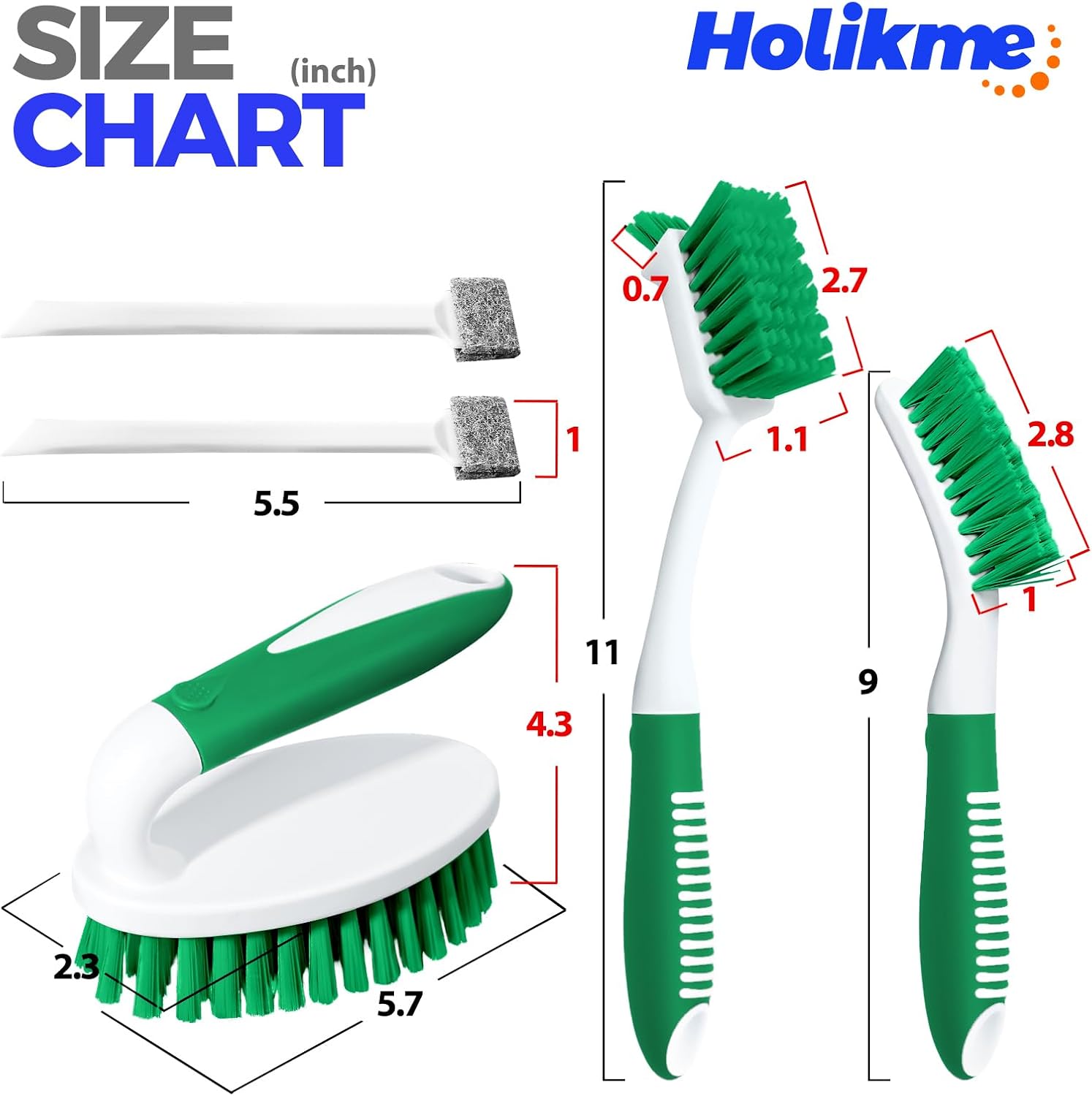 Holikme Cleaning Brush Set for Household Use, Scrub Brush, Kitchen Brush, Tile Lines Brush for Bathroom, Floor, Tub, Shower and Kitchen Surface (Green) - Image 6