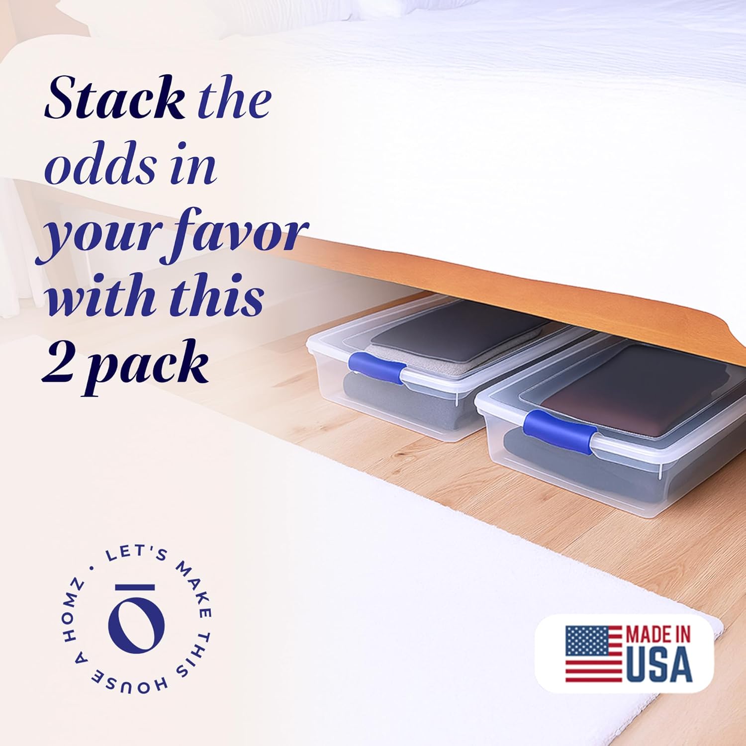 HOMZ 2-Pack Under Bed Storage, Clear Plastic Containers with Lids, 60 Quart, Blue Latch - Stackable Underbed Organizer Bins for Shoes, Bags, Clothes, and Towels - Image 2