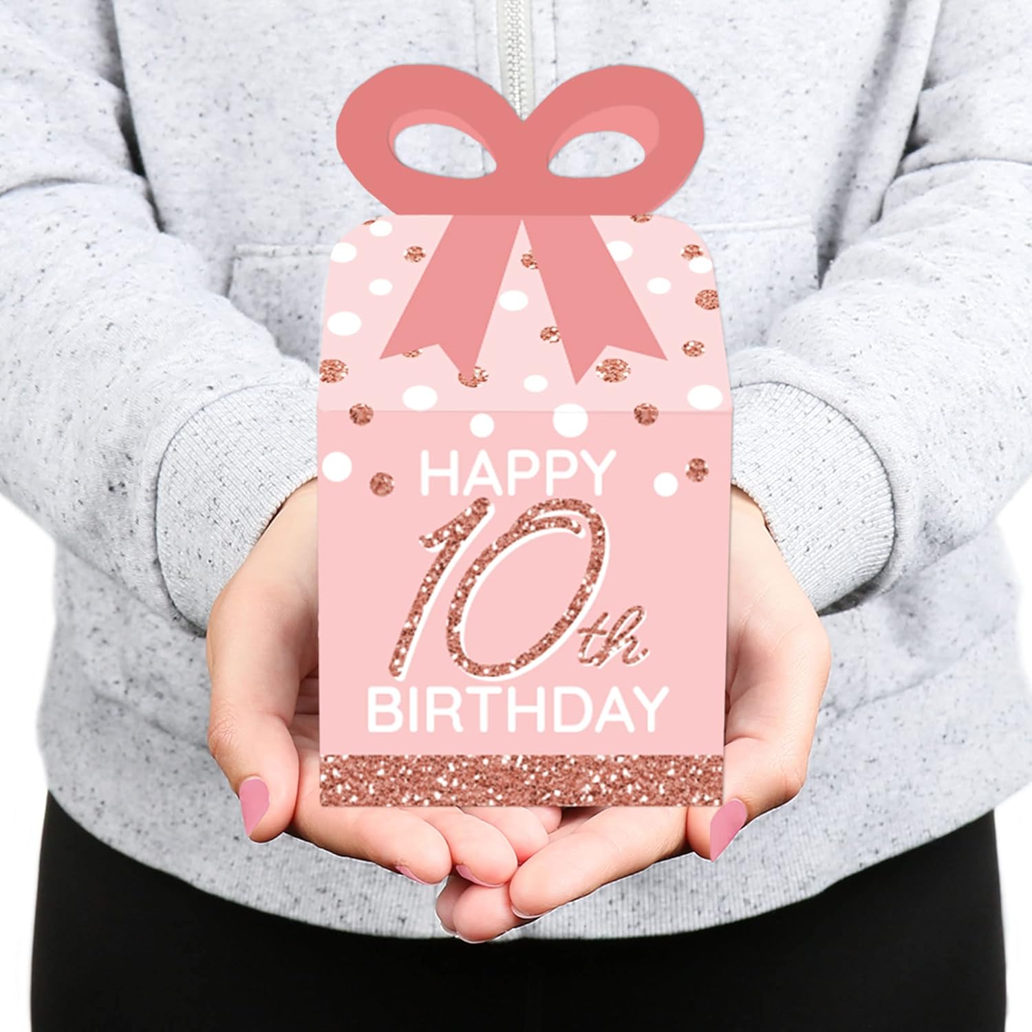 Big Dot of Happiness 10th Pink Rose Gold Birthday - Square Favor Gift Boxes - Happy Birthday Party Bow Boxes - Set of 12 - Image 8