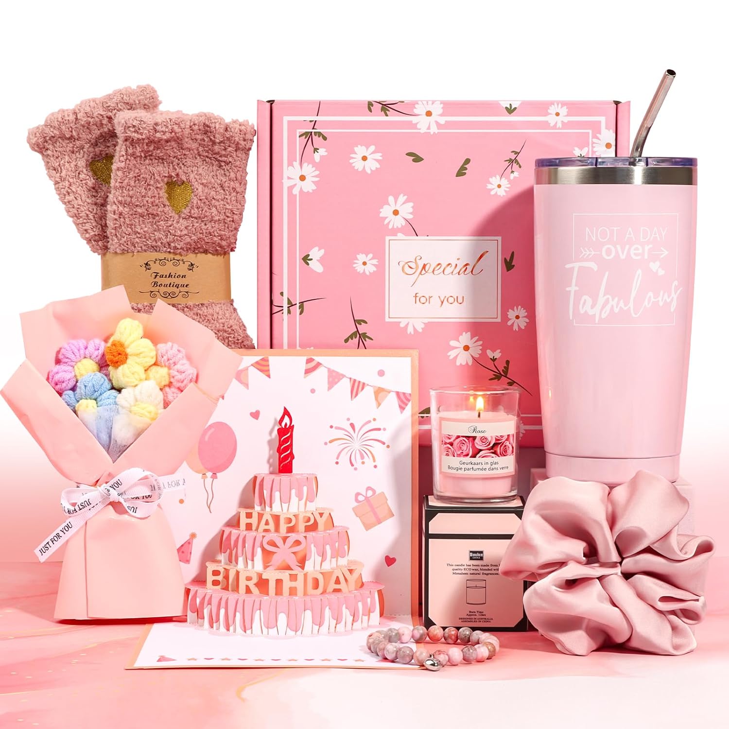 Birthday Gifts for Women Friendship, Pink Relaxing Spa Gifts Basket Set for Women, Self Care Gifts Unique Happy Birthday Gift Idea for Mom Her Best Friends Sister Wife Girlfriend Coworker Teacher