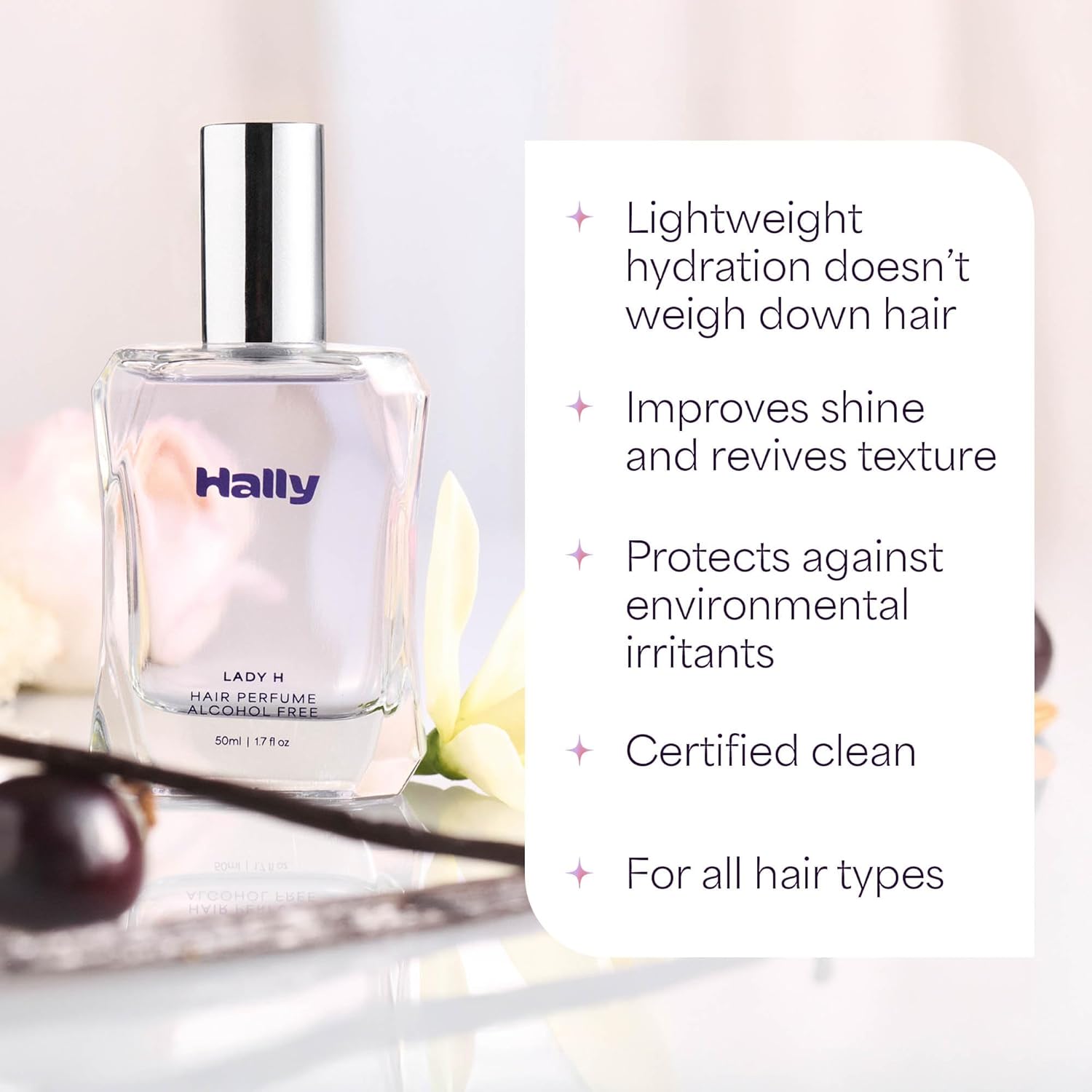 Hally Lady H Hair & Body Perfume - Alcohol Free, Non Toxic Cherry, Vanilla & Jasmine Fragrance - Long Lasting Fragrance Mist - Shine-Enhancing & Hydrating Spray in Elegant Glass Bottle – 50ml - Image 7