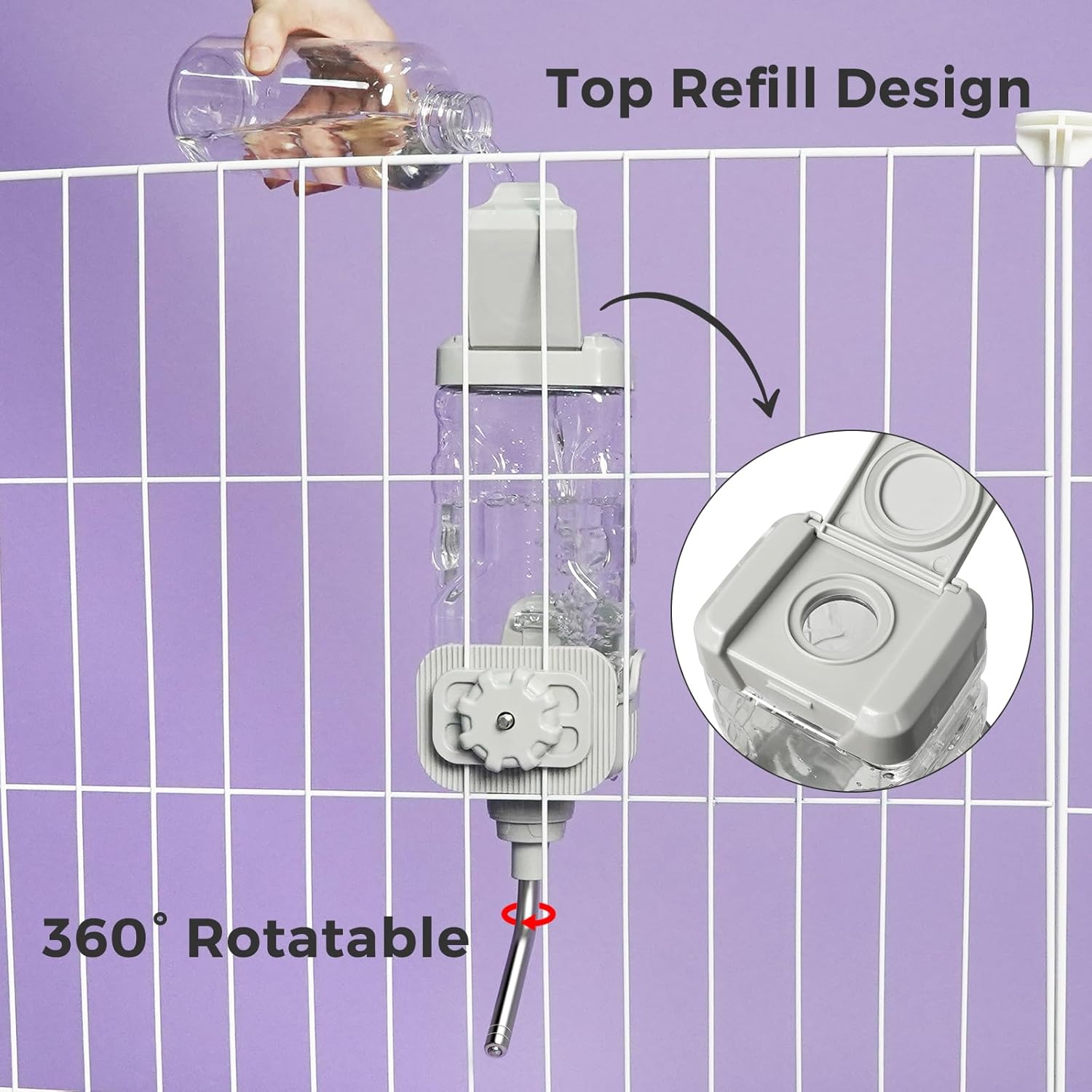 Vannon Small Animal Water Dispenser for Cage, 30oz Auto Feeding Crate Water Bottle for Rabbit, Chinchilla, Ferret, Guinea Pig, Squirrel, Hedgehog, Pet Nozzle Diameter: 10mm, BPA Free, Grey - Image 9