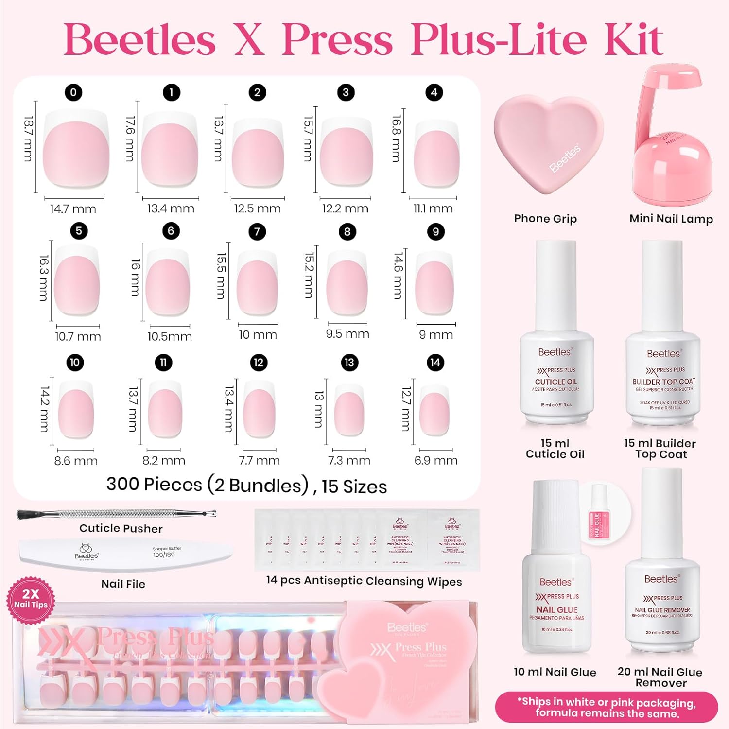 Beetles Press On Nails Kit - 300Pcs Short Square French Tip Press On Nails, 15Sizes Pink French Nail Tips with Nail Glue & Remover, Builder Top Coat Nail, Lamp,All-in-One DIY Spring Gift for Women - Image 5