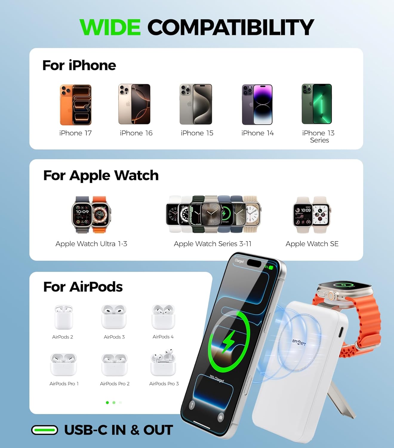 Magnetic Portable Charger,10000mAh MagSafe Power Bank Fast Charging with Stand,3 in 1 Travel Essential Wireless Charger Station for iPhone 17/16/15/14/13/12,Apple Watch,Airpods,White - Image 8