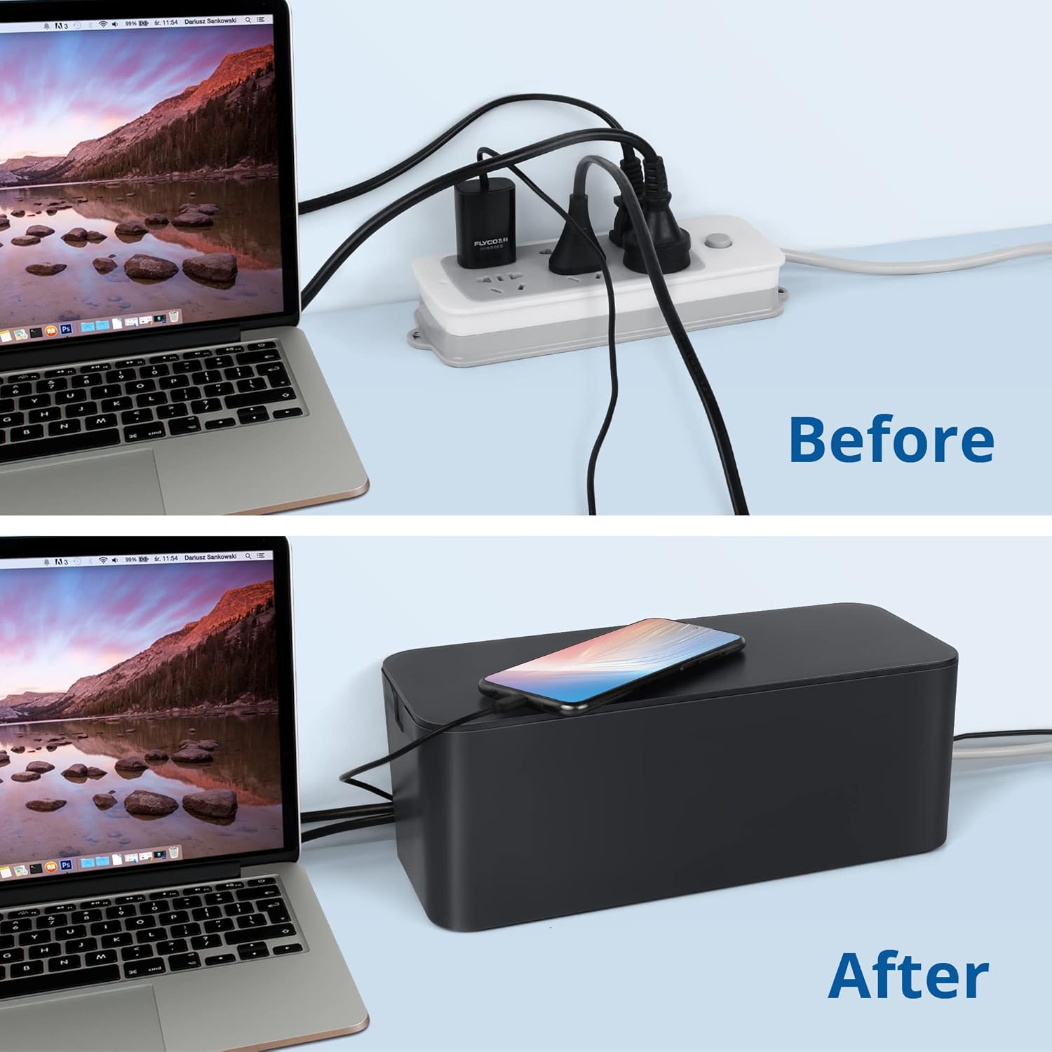 ZhiYo Cable Management Box Black, 2Pack Cord Organizer Box - Extra Large and Medium Size, Cord Hider Box to Conceal Power Strips on Desk or Floor, Made from Electrically Safe ABS Material - Image 4