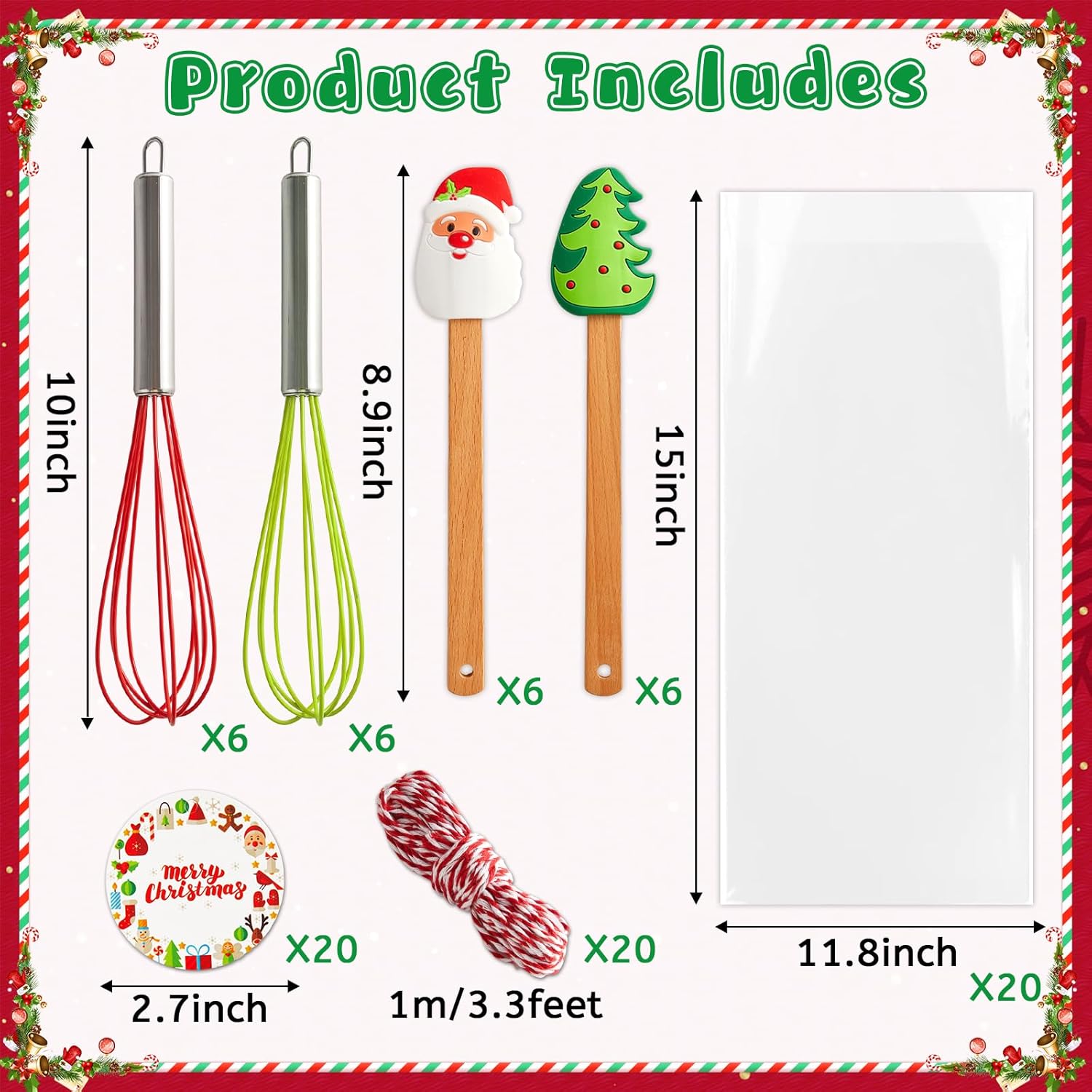 12 Sets Christmas Whisk Baking Supplies Gifts Sets Stainless Steel Whisk Silicone Spatula with Cards Ribbons Packing Bags Gift for Neighbor Employee Cooking Supplies Christmas Stocking Stuffers Ideas - Image 2