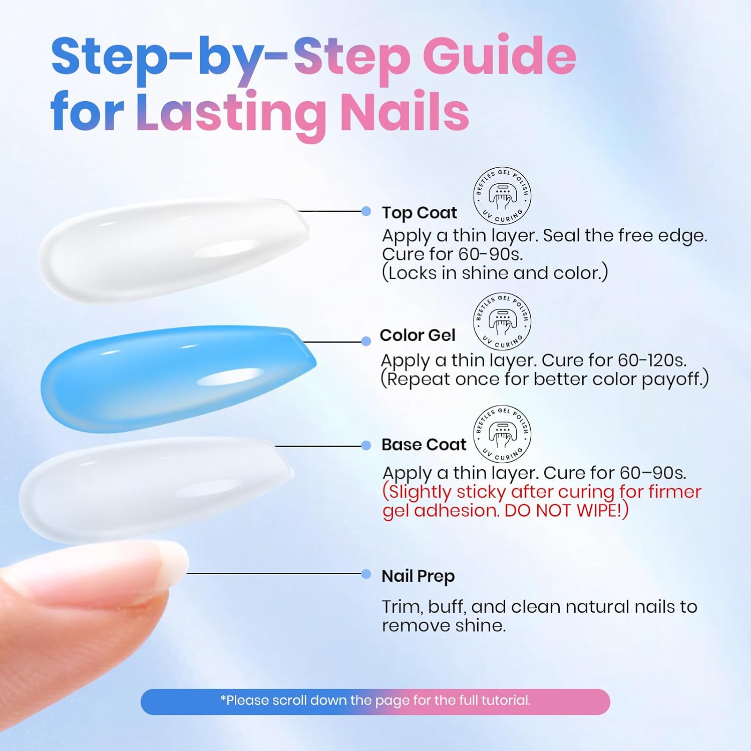 Beetles 2 Pcs 15ml No Wipe Gel Top Coat and Base Coat Set - Shine Finish and Long Lasting Soak Off LED Nail Lamp Gel Base Top Coat Finish Nail Art Design Stay Lock Shine Duo Manicure Gifts for Women - Image 8