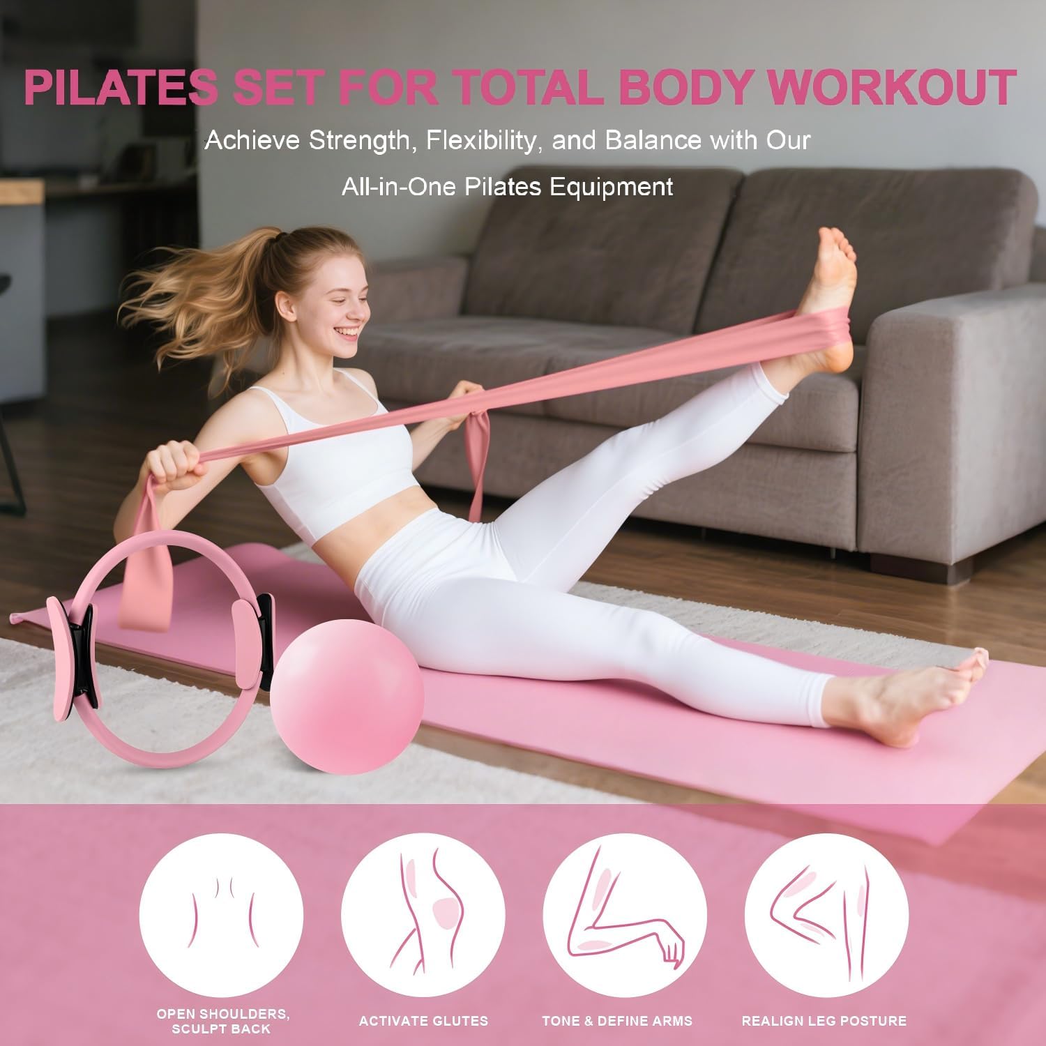 Home Pilates Essentials Kit for Women - Complete Set with 9" Yoga Ball, Figure 8 Resistance Band, Pilates Bands, Accessories, and Pilates Ring - Perfect for Beginners Home Workouts - Image 3