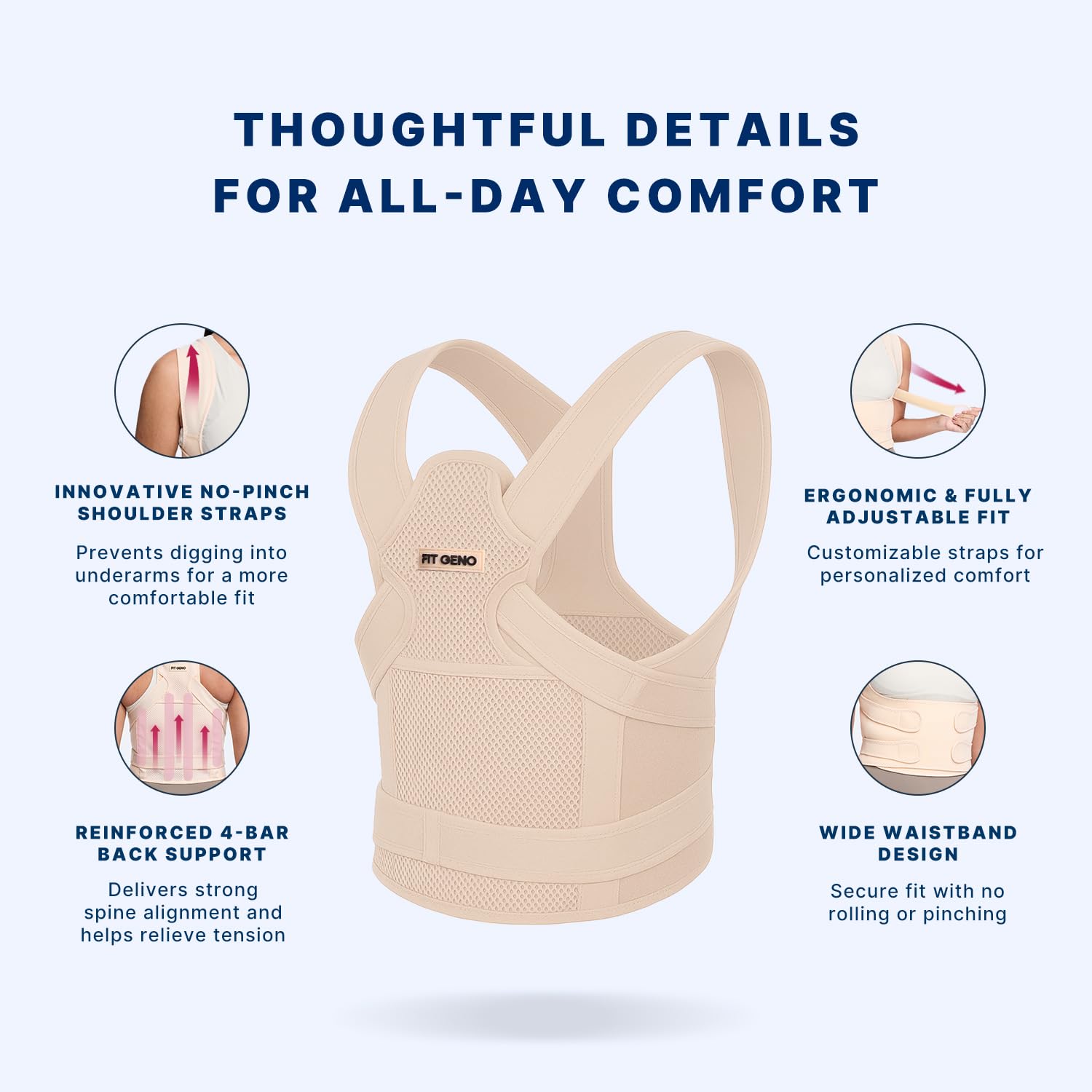 Fit Geno Back Brace Posture Corrector for Men & Women: Shoulder Straightener Adjustable Full Back Support Pain Relief - Scoliosis Hunchback Spine Corrector (Medium/Large) - Image 4