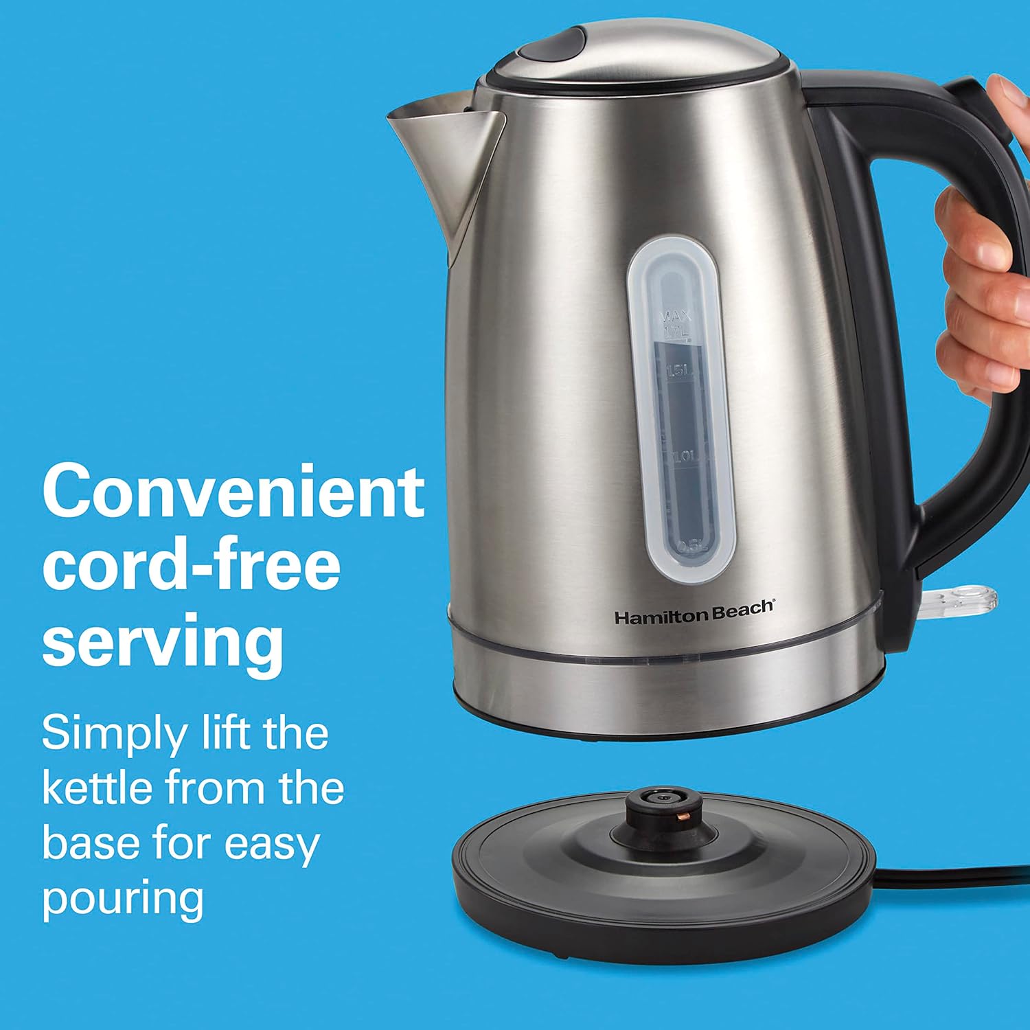 Hamilton Beach Electric Tea Kettle, Water Boiler & Heater, 1.7 Liter, Cordless Serving, 1500 Watts for Fast Boiling, Auto-Shutoff and Boil-Dry Protection, Stainless Steel with LED Light Ring (41037) - Image 8