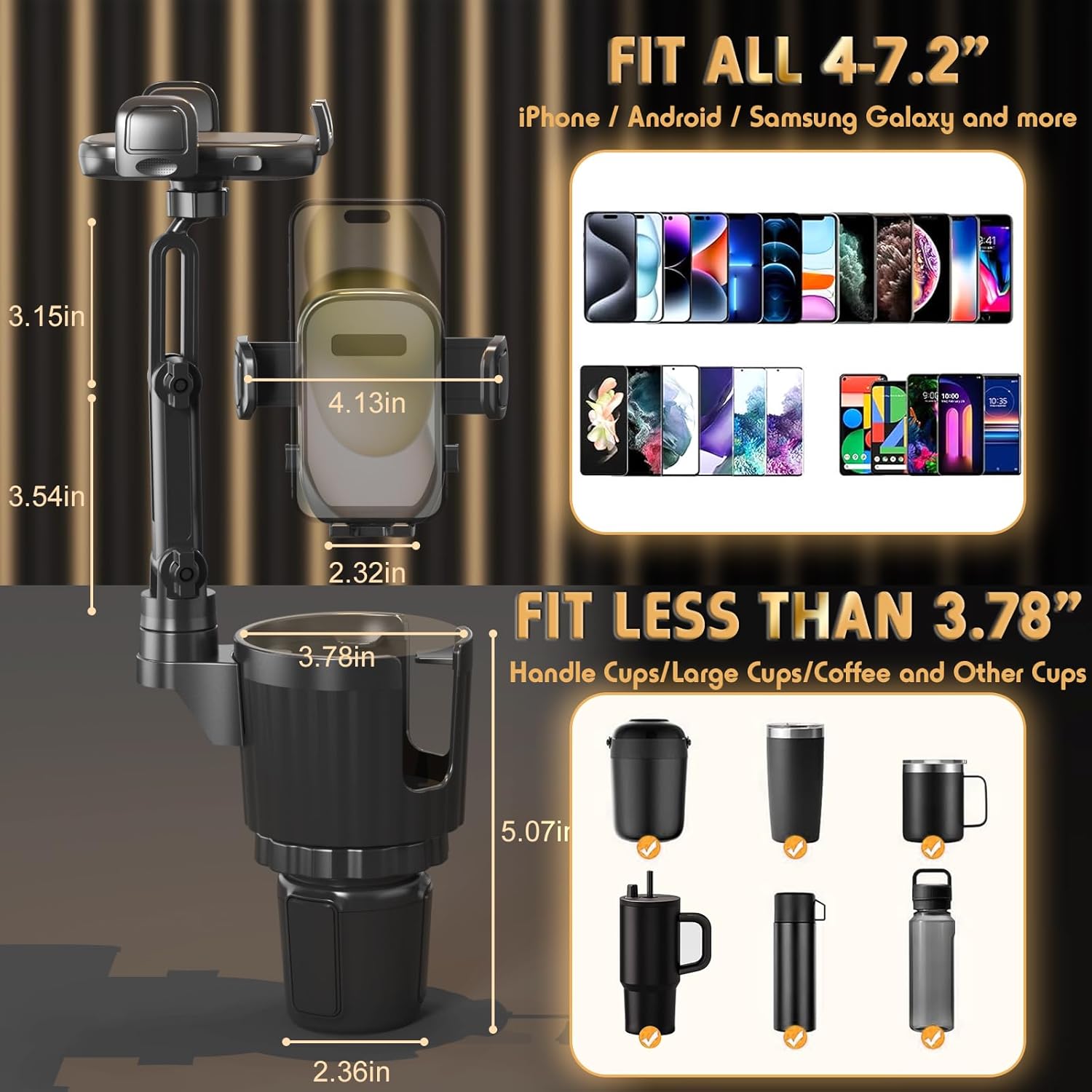 Phone Holders for Your Car, 2 in 1 Universal Cup Holder Expander Adjustable Base with Phone Mount, Long Arm with 360°Rotation Cup Holder Phones Mount for Car Compatible with All Smartphones - Image 4