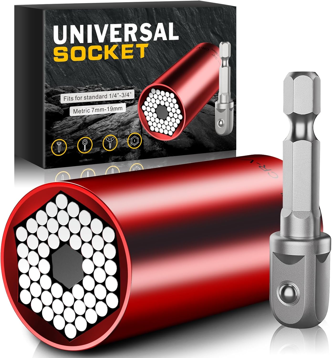 Universal Socket Tools Gifts for Men - Christmas Stocking Stuffers for Men Dad Him Husband Women Cool Stuff Ideas Gadgets Birthday Gifts for Dad Grip Socket Set with Power Drill Adapter (7-19mm) Red
