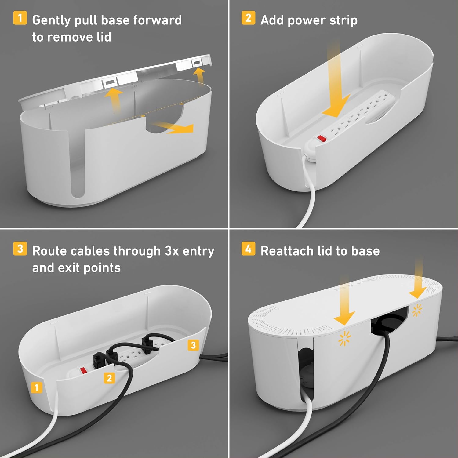 D-Line Cable Management Box, Power Strip Holder, Floor Outlet Hider, Desk Cord Organizer, Cover TV Wires, 12.75" (L) x 5" (W) x 4.5" (H), for use with Power Strips up to 10.5in Length - Small, White - Image 9