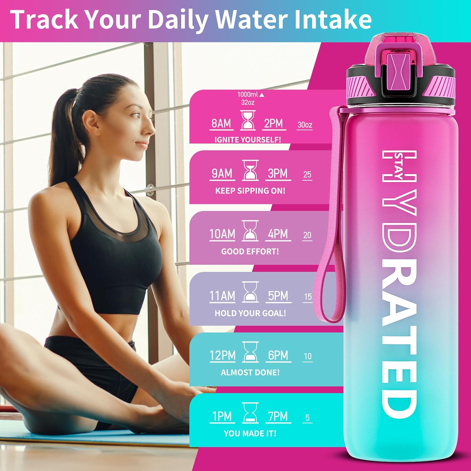 Water Bottle with Straw, 32oz Motivational Water Bottles with Time Marker to Drink, Tritan BPA Free, 1L Sports Water Bottle with Carry Strap LeakProof for Women Gym Fitness Outdoor (1 Pack) - Image 2
