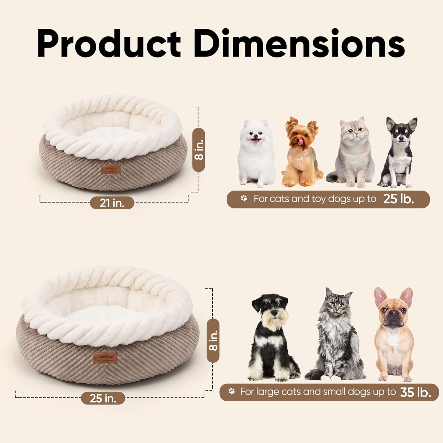 FUKUMARU Cat Bed, Calming Donut Dog Beds, Plush Faux Fur&Corduroy Kitten Beds, Cute Round Washable Pet Bed for Large Cats and Puppy, Cat Cave with Anti-Slip Bottom, 21inch, Camel - Image 6