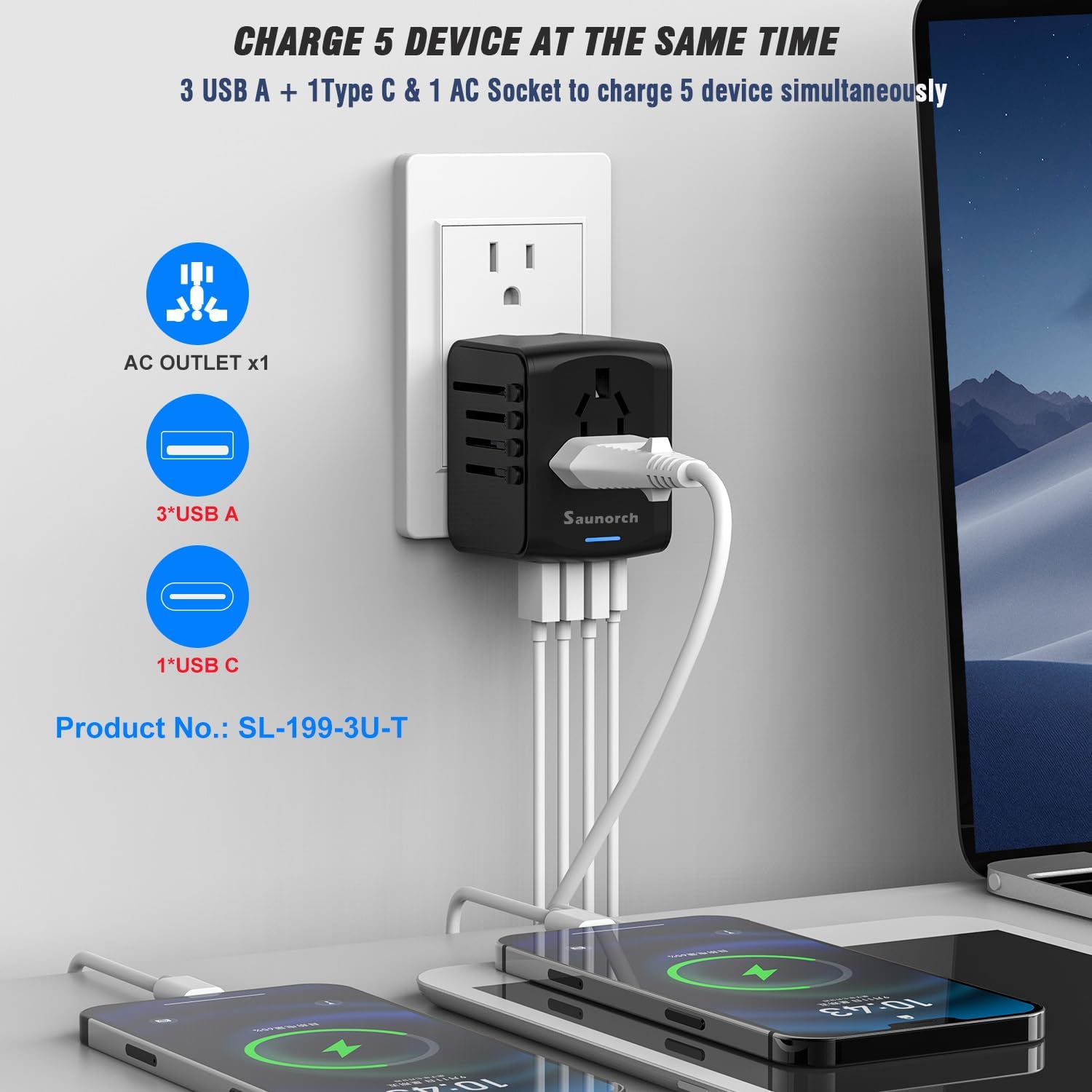 Universal International Travel Power Adapter W/High Speed 2.4A USB, 3.0A Type-C Wall Charger, European Adapter, Worldwide AC Outlet Plugs Adapters for Europe, UK, US, AU, Asia-Black - Image 2