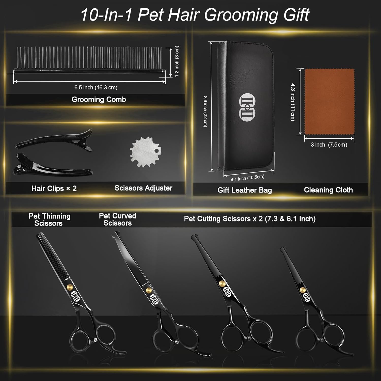 CIICII Dog Grooming Scissors Kit, 7 Inch Professional Pet Grooming Scissors Set with Safety Round Tip (Dogs/Cat Hair Cutting Trimming Thinning Shears with Curved Scissors) for DIY Home Salon (Black) - Image 7