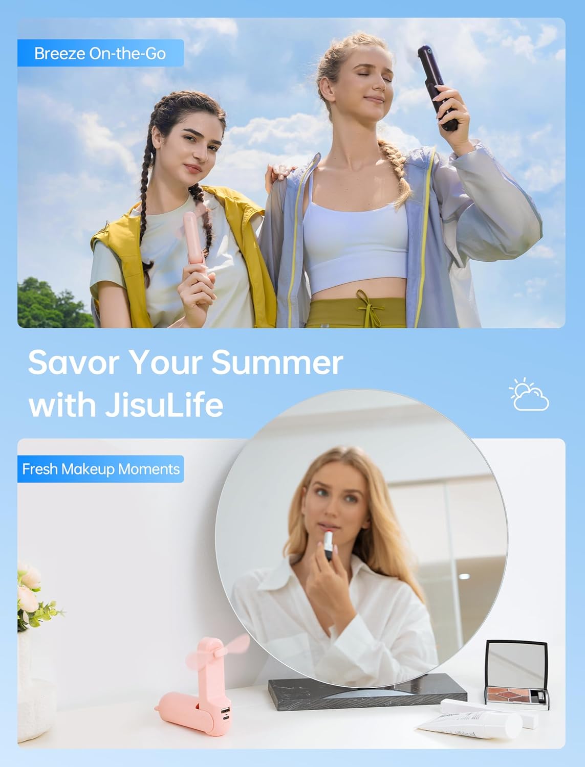 JISULIFE 3 IN 1 Handheld Mini Fan - Portable Fan & Power Bank & Flashlight, 19H Max Cooling, USB Rechargeable, Pocket-Sized for Travel, Cruise, Concerts, Makeup, 2026 Summer Gifts for Women(Pink) - Image 6
