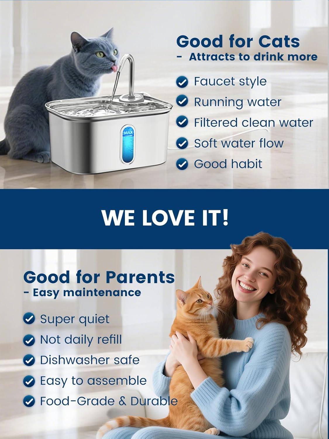 Cat Water Fountain Stainless Steel for Cats Indoor by BPA-Free SUS304, Effective 6-Layer Filter Cat Fountains for Drinking 2.5L 85oz 20dB Ultra Quiet Soft Flow Metal Pet Water Fountain - Image 8