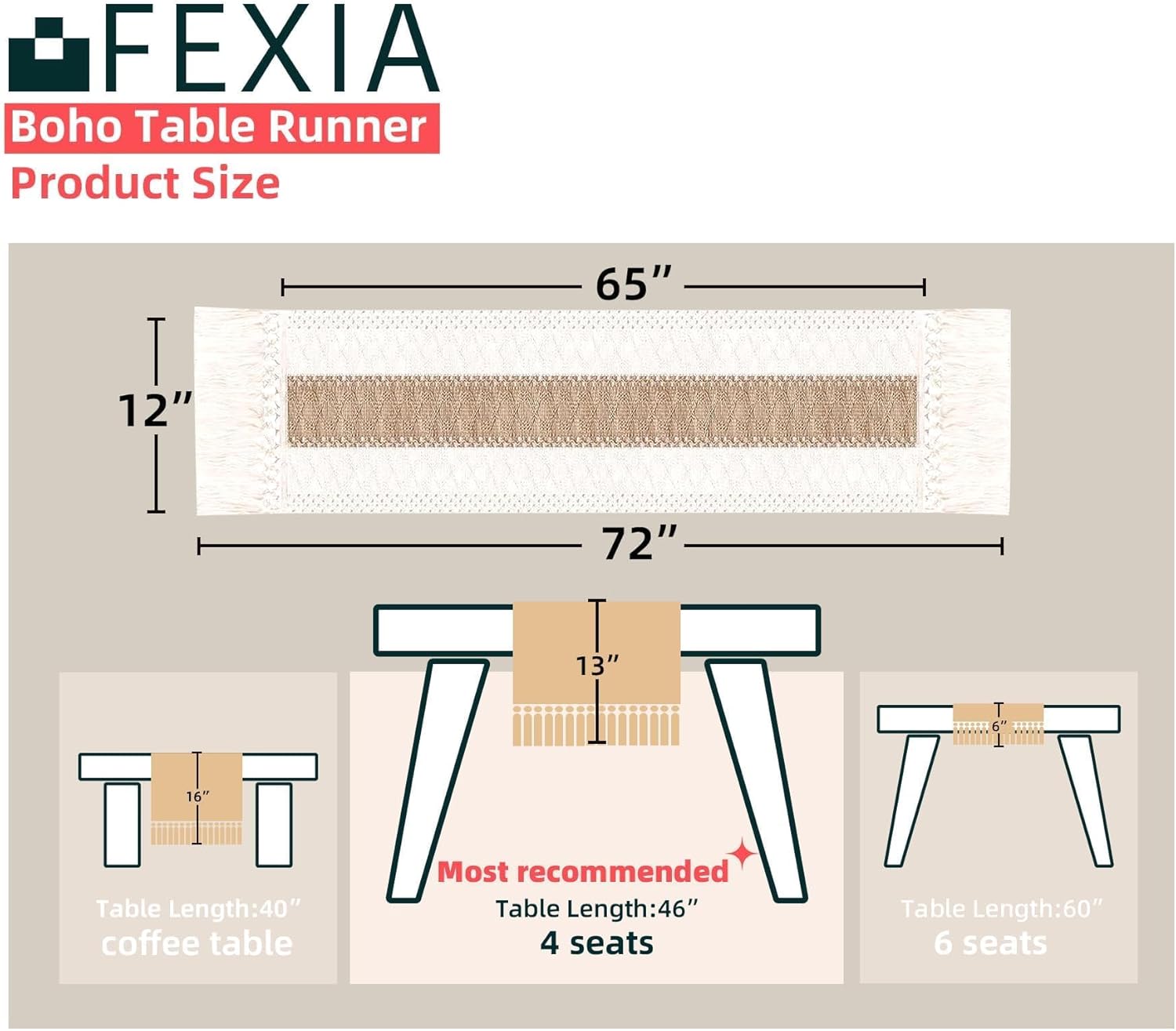 FEXIA Boho Table Runner for Thanksgiving Fall Christmas Home Decor with Tassels 72 Inches Long Pottery barn Furniture Farmhouse Rustic Macrame Burlap Table Decoration for Living Room (12x72 Inches) - Image 2