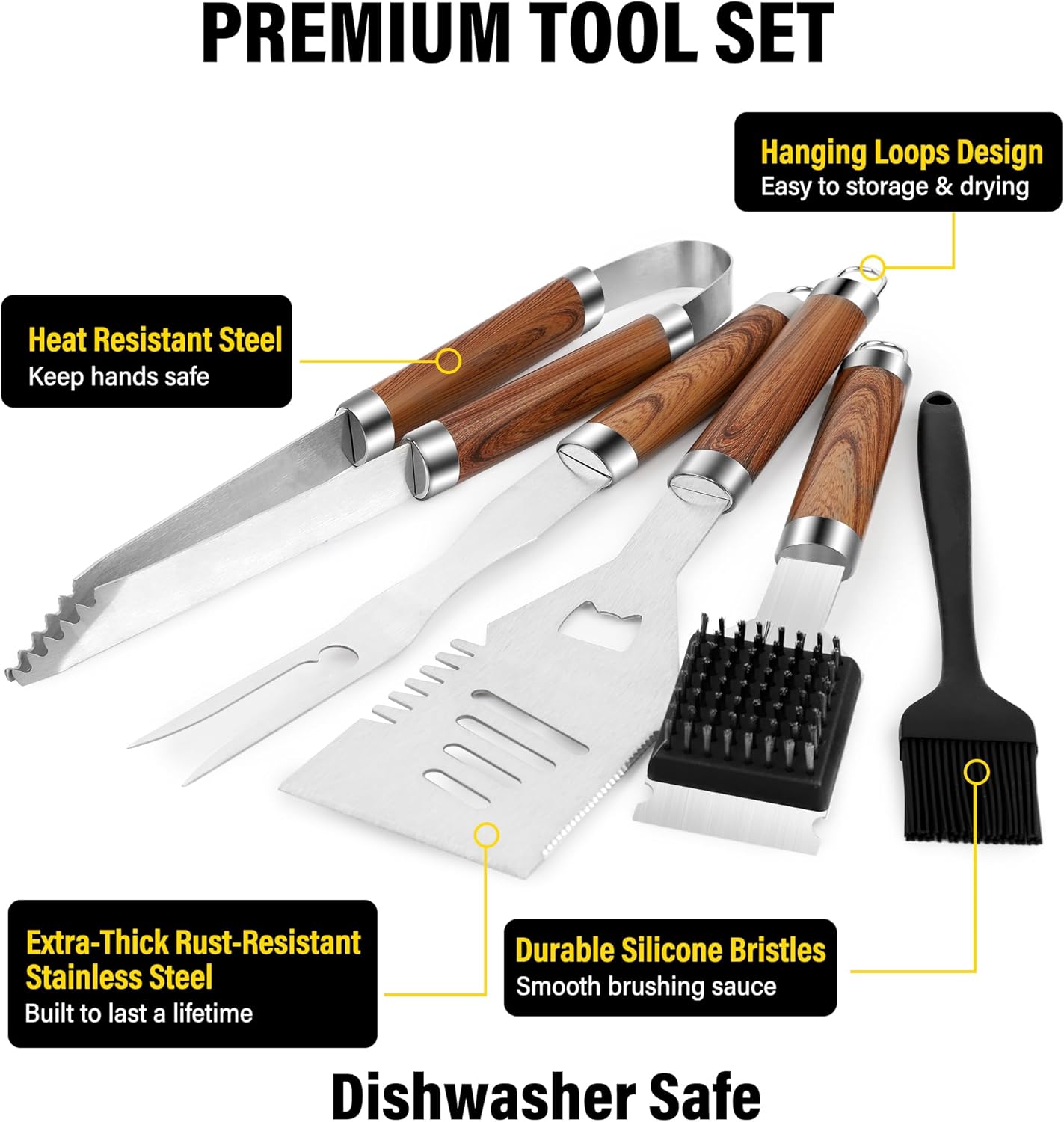 Yekale BBQ Grill Accessories Set, Grill Tools Grilling Accessories Grilling Gifts for Men - Spatula, Fork, Brush, Tongs & Cleaning Brush - Outdoor Barbecue Utensils Gifts for Men Dad Him (Wood) - Image 2