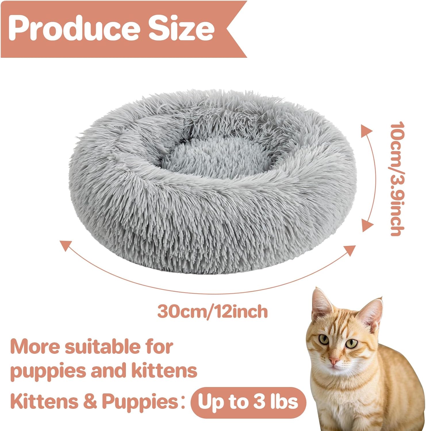 Cat Bed - Calming Cat Bed for Small Kittens Donut Washable Round for Indoor Kittens and Puppies, Anti-Slip Round Fluffy Plush Faux Fur, Small, Light Grey - Image 2