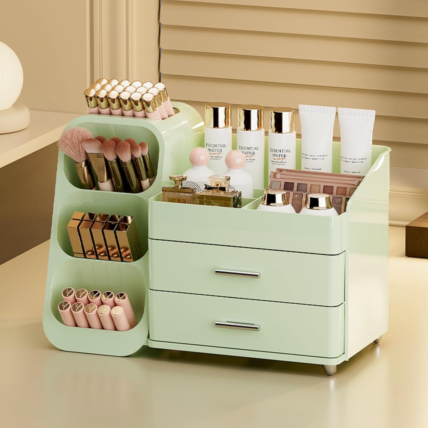 Booklov Makeup Organizer for Vanity, Large Capacity Cosmetic Display Case with Drawers, Countertop Beauty Storage Holder for Skincare, Brush Eyeliner Perfume Eyeshadow Lipsticks, Counter Desk, Green - Image 3