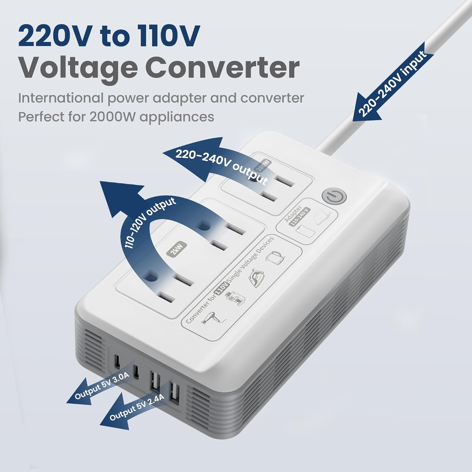 Mapambo 2000W Voltage Converter US to Europe, 7 in 1 Converter for European Travel for Hair Dryer, Kettles, Coffee Makers and etc. 220v to 110v Converter for International Travels (White) - Image 4