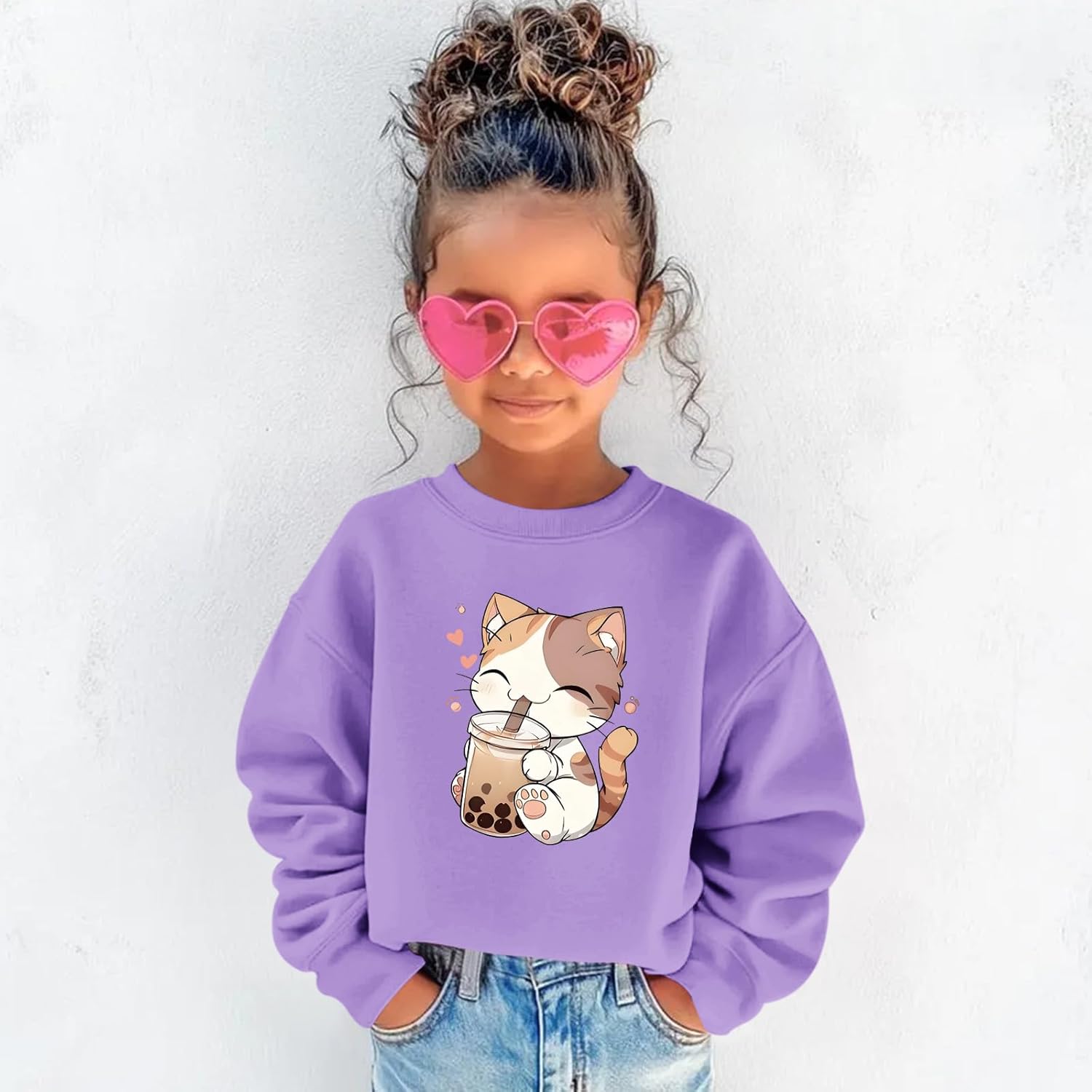 KEEVICI Cute Cat Sweatshirt For Girls Kawaii Graphic Hoodie Kids Cartoon Animal Print Pullover Cotton Long Sleeve Shirts Tops - Image 4