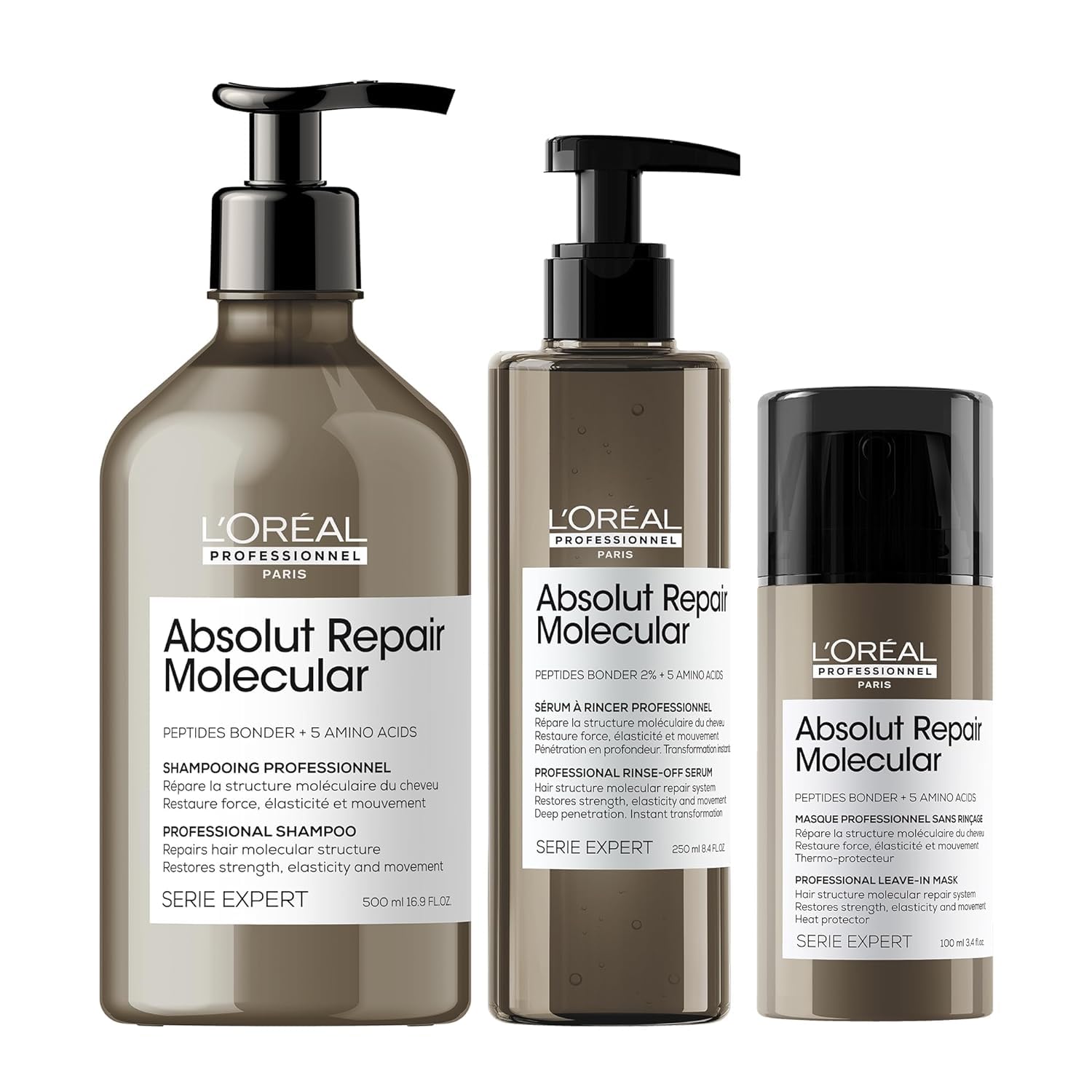 L'Oréal Professionnel Paris Absolut Repair Molecular Hair Care Set - Sulfate-Free Shampoo, Rinse-Off Serum & Leave-In Mask For Extremely Dry Damaged Hair, With Peptide Bonder & Amino Acids