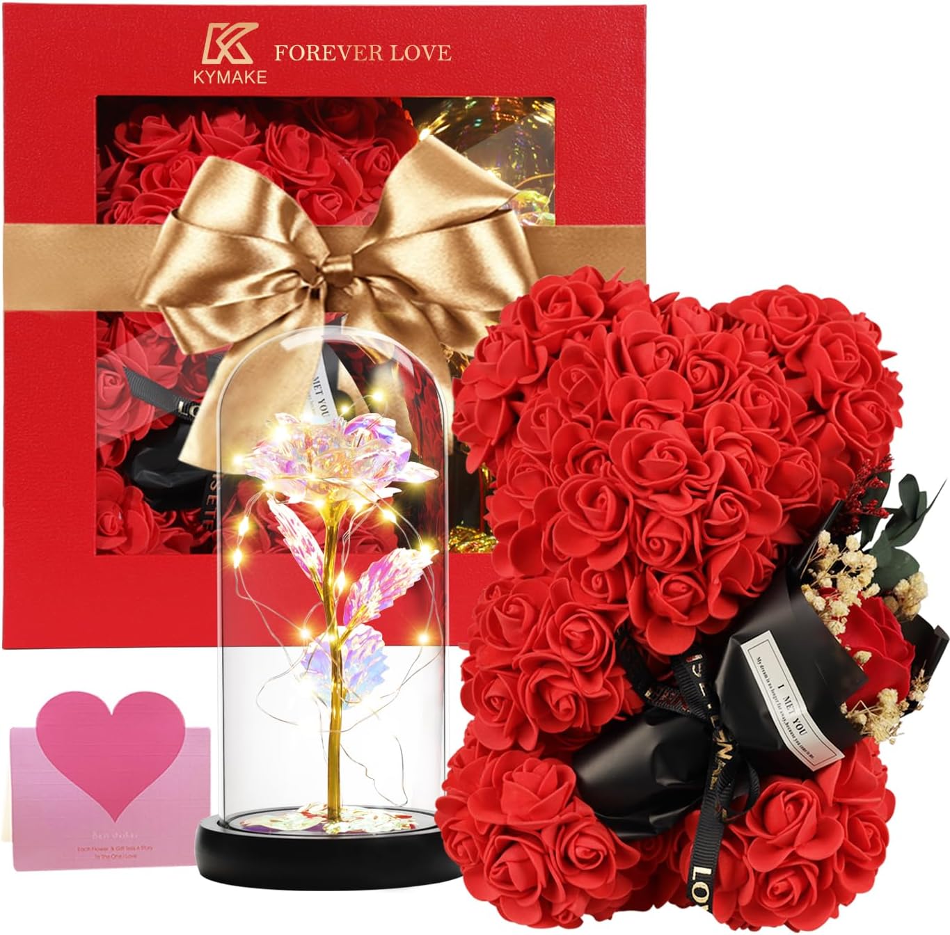 Mothers Day Rose Gifts for Mom Women Wife Girlfriend, Rose Bear & Beauty and the Beast-Inspired Rainbow Light-Up Roses Gift Set – Perfect for Valentine’s, Birthday Mother’s Day and Anniversary